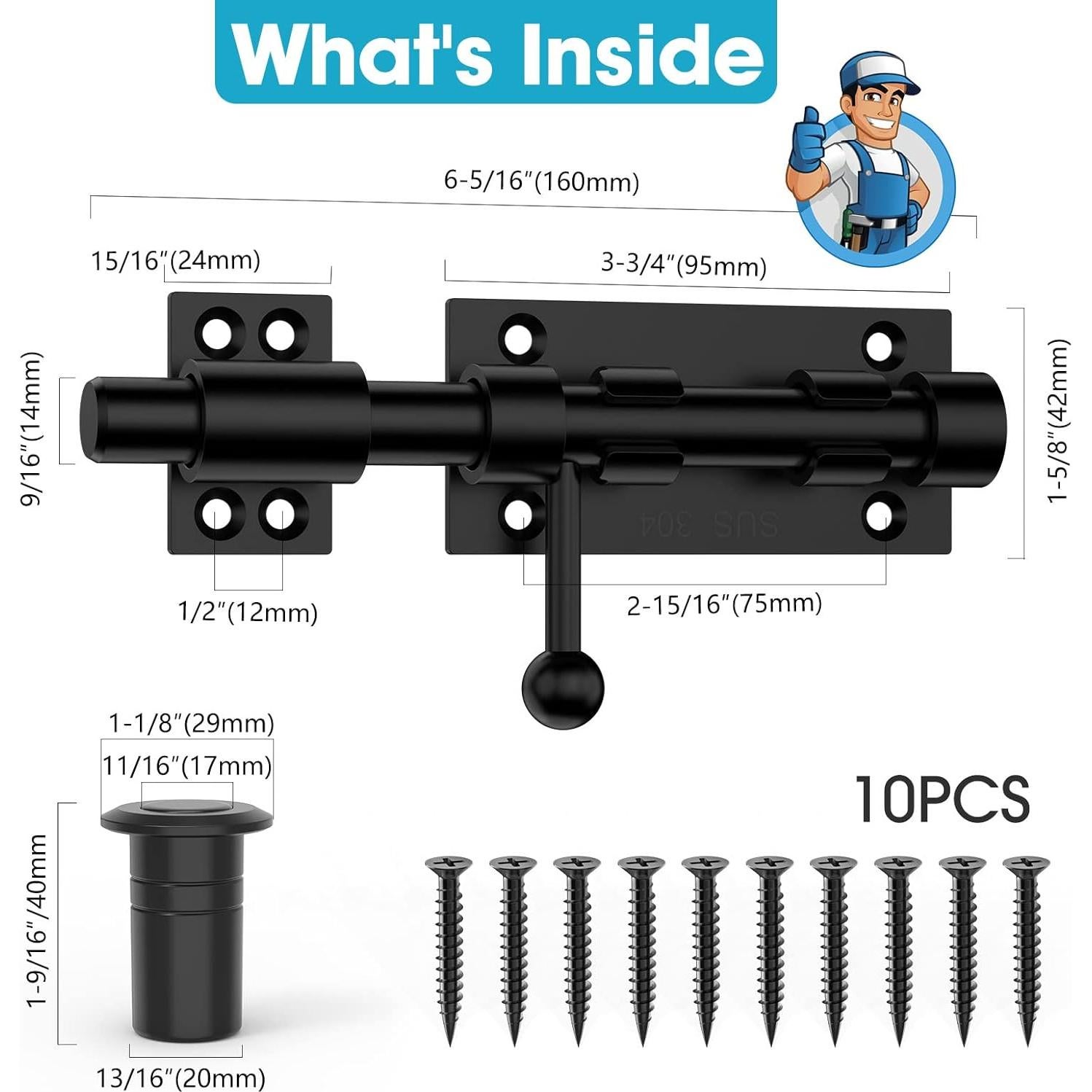 Cierre de Puerta Deslizante MeBantoo 160mm Acero Inoxidable Negro