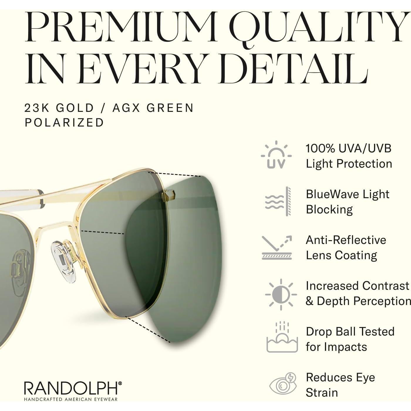 Gafas de sol aviador Randolph 55mm 23k oro polarizadas UV