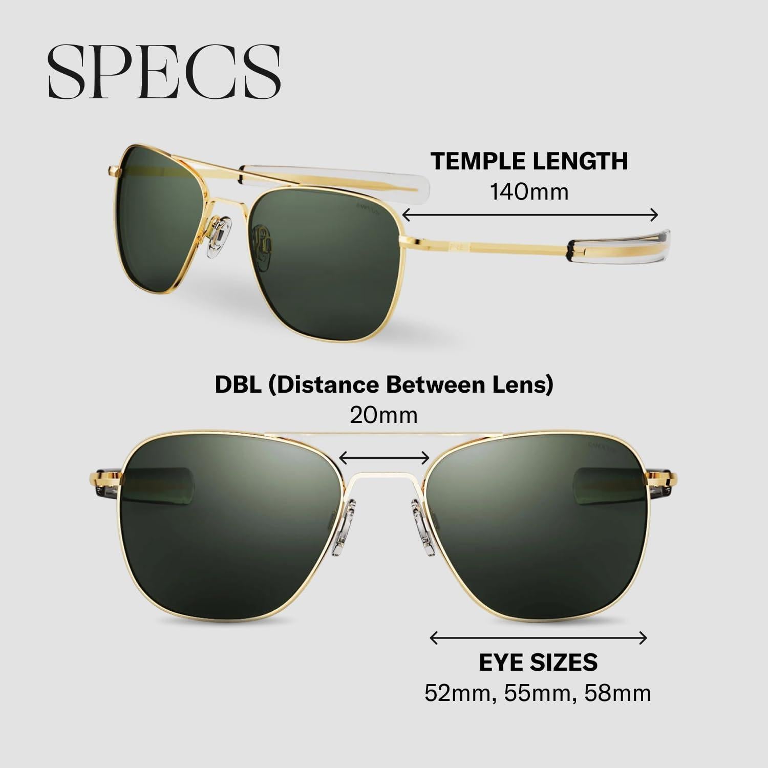 Gafas de sol aviador Randolph 55mm 23k oro polarizadas UV