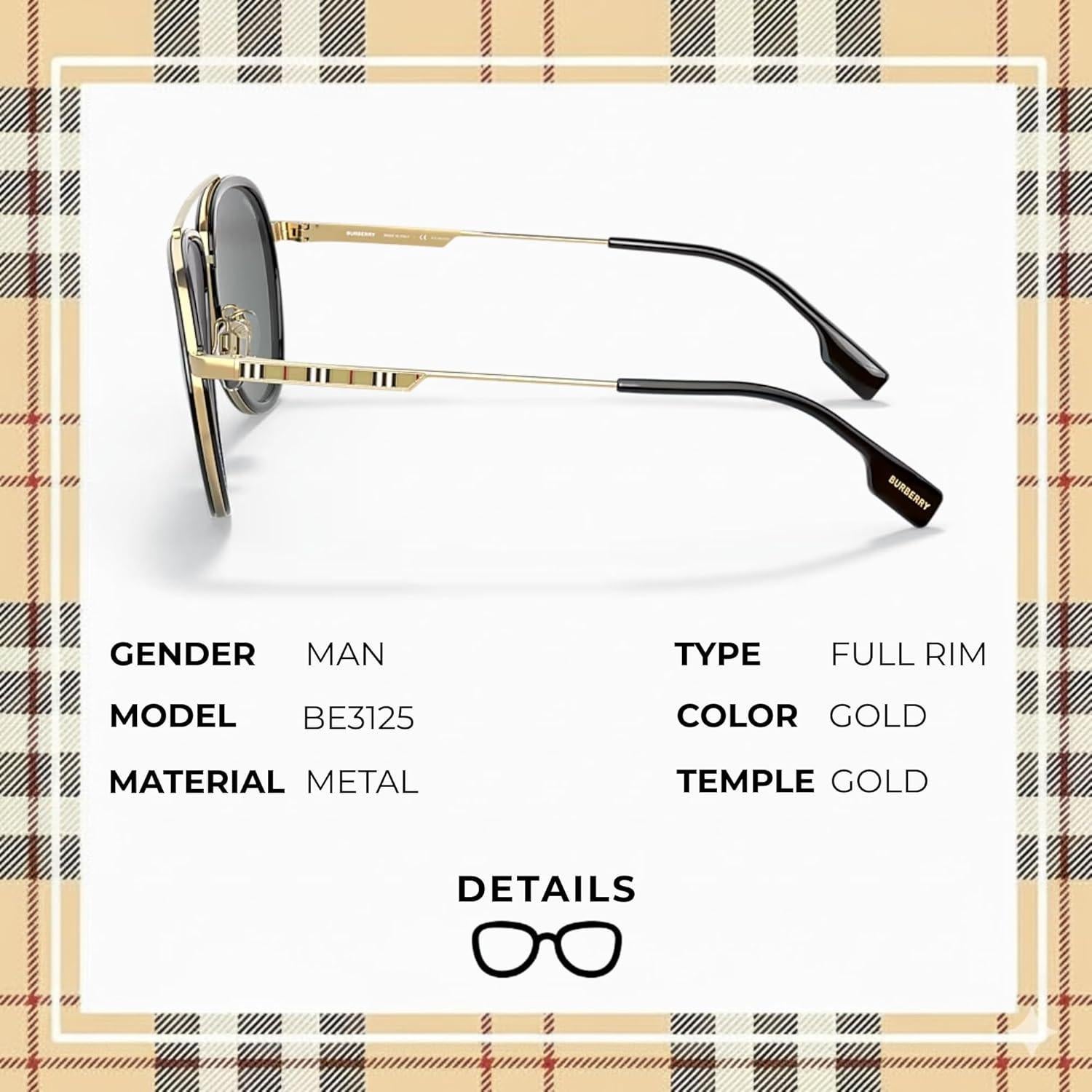 Gafas de Sol Piloto Burberry BE3125 Metal Dorado Lente Gris