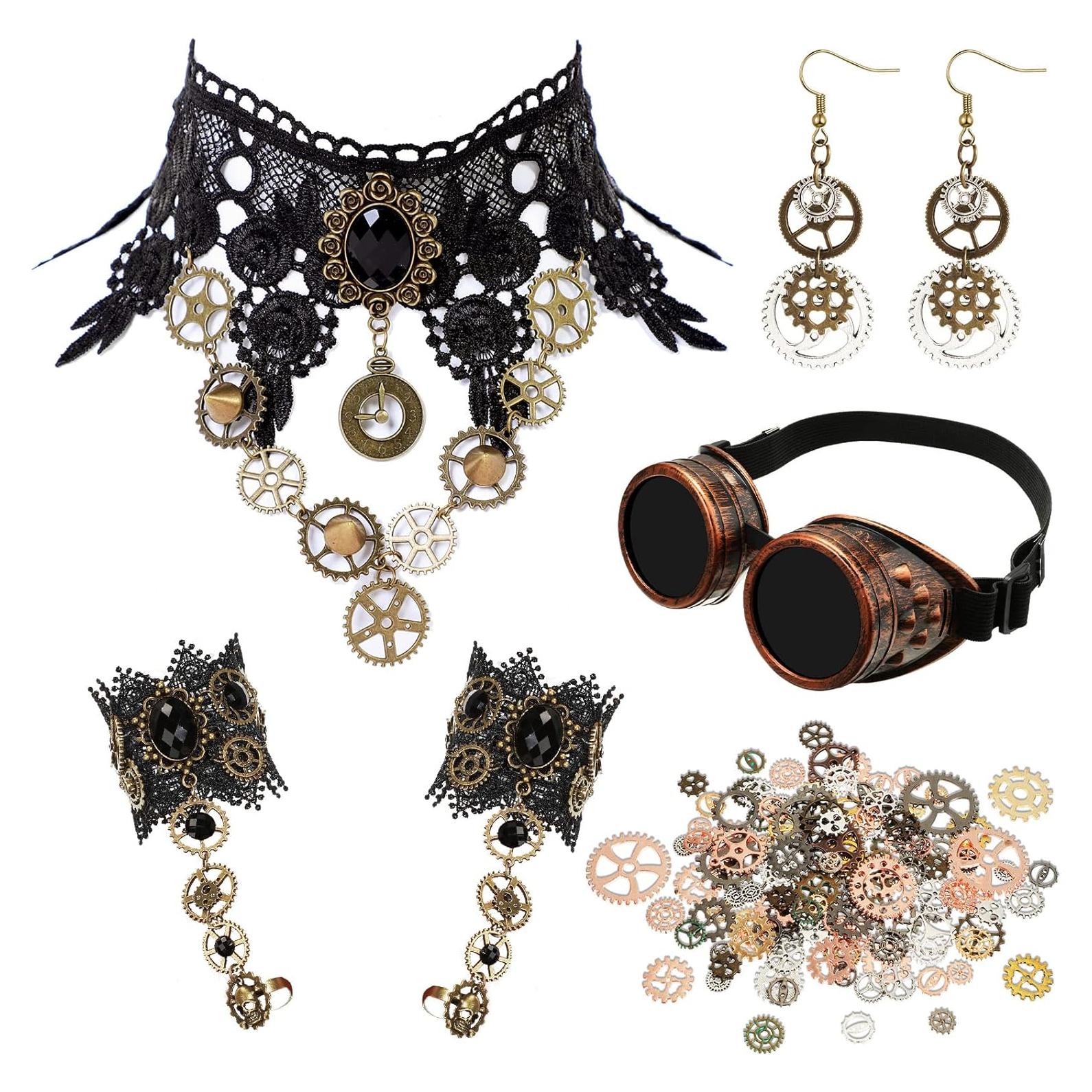 Conjunto de Accesorios Steampunk 86 Pcs - Gafas, Guantes, Collar