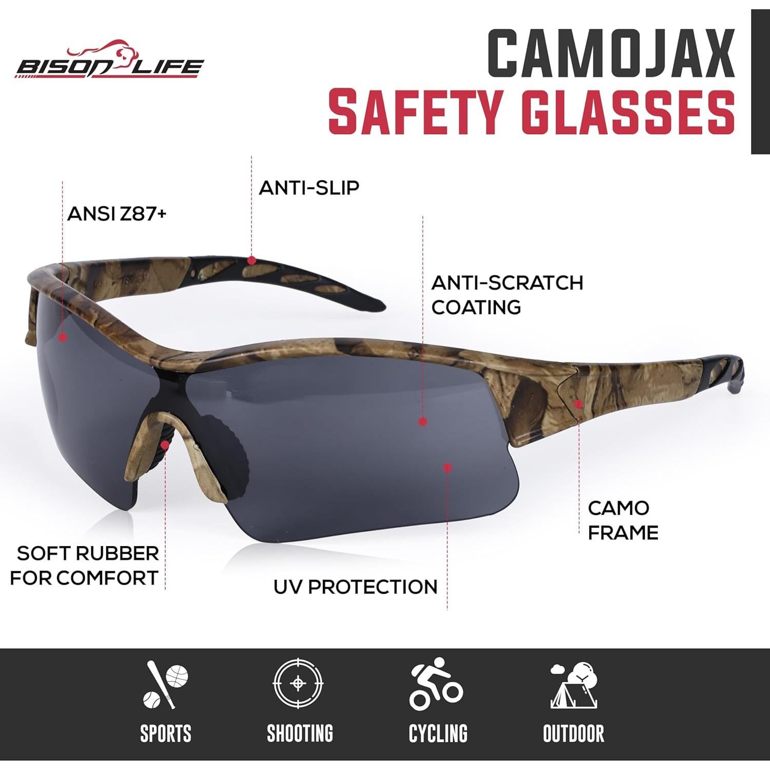 Gafas de Seguridad CamoJax Bison Life - Anti-Rasguños, UV, Negro