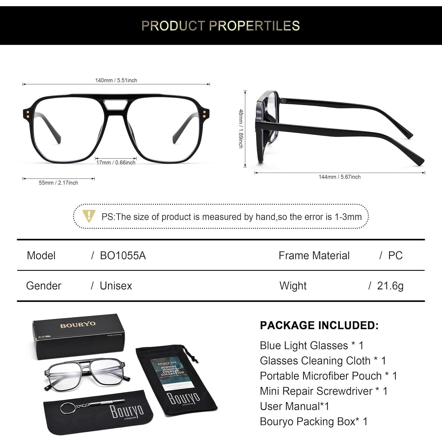 Gafas de Lente Claro Bouryo para Mujeres - Protección UV y Luz Azul