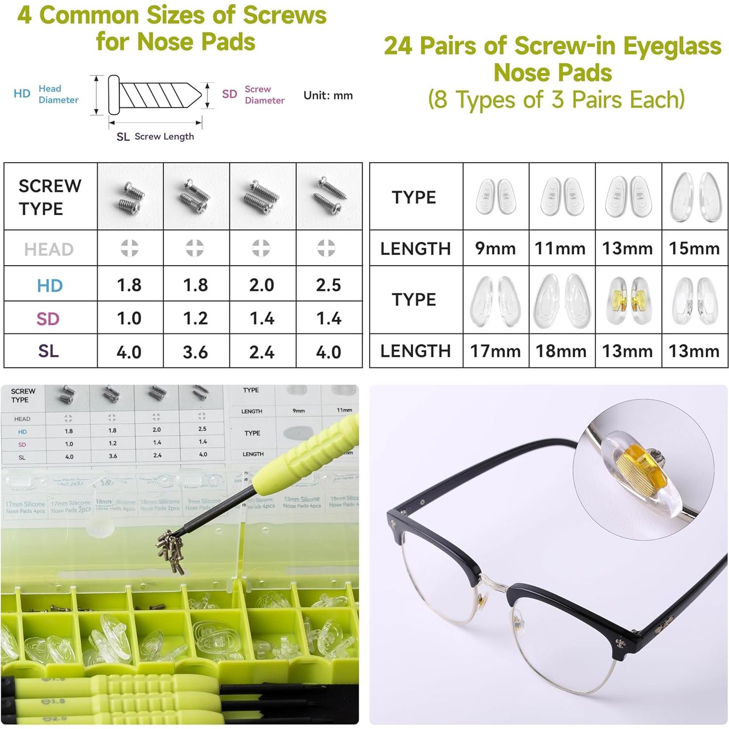 Kit de Reparación de Gafas Hike0001 - 24 Pares Almohadillas y Tornillos