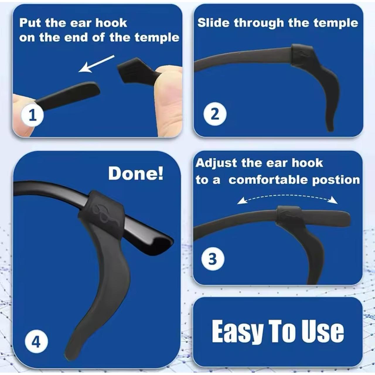 Ganchos de Oído de Silicona para Gafas - 10 Pares Negro y Blanco