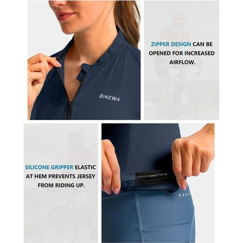 Camiseta de Ciclismo Mujer Manga Corta Azul Marino Secado Rápido