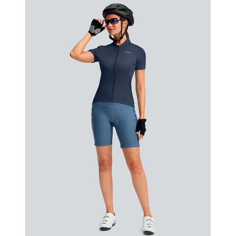 Camiseta de Ciclismo Mujer Manga Corta Azul Marino Secado Rápido