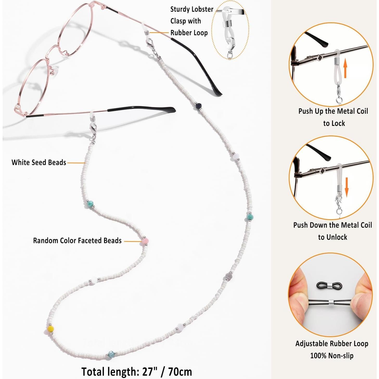 Cadena de Gafas con Cuentas de Cristal para Mujeres - Blanco