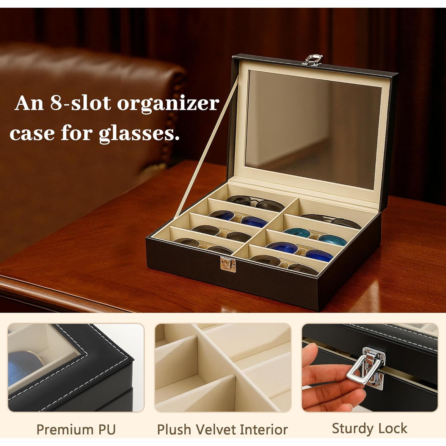 Estuche Organizador de Gafas de Sol Homeanda - Cuero PU Negro 8 Ranuras