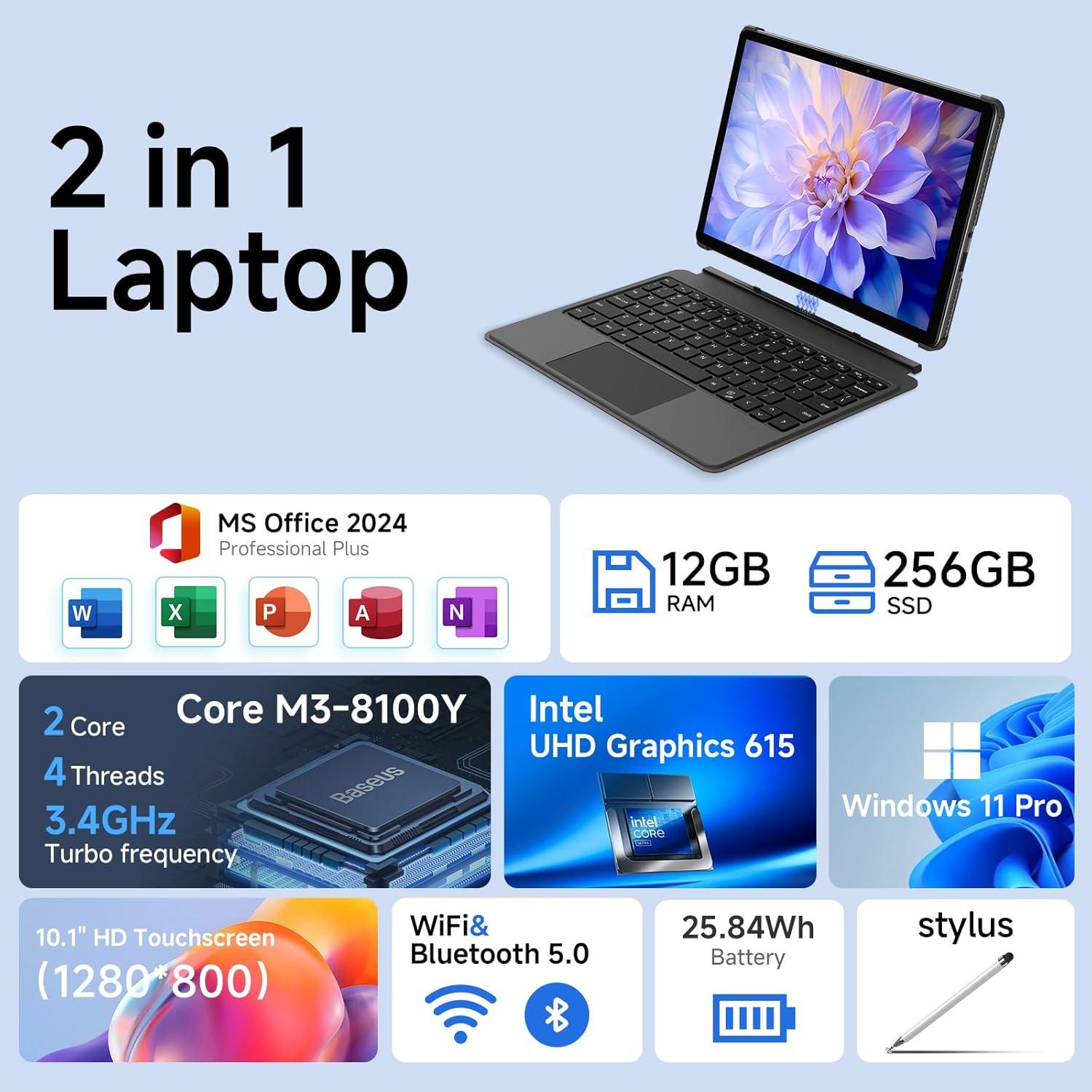 Laptop 2 en 1 EYY 10.1" Touch, 12GB RAM, 256GB SSD, Win 11