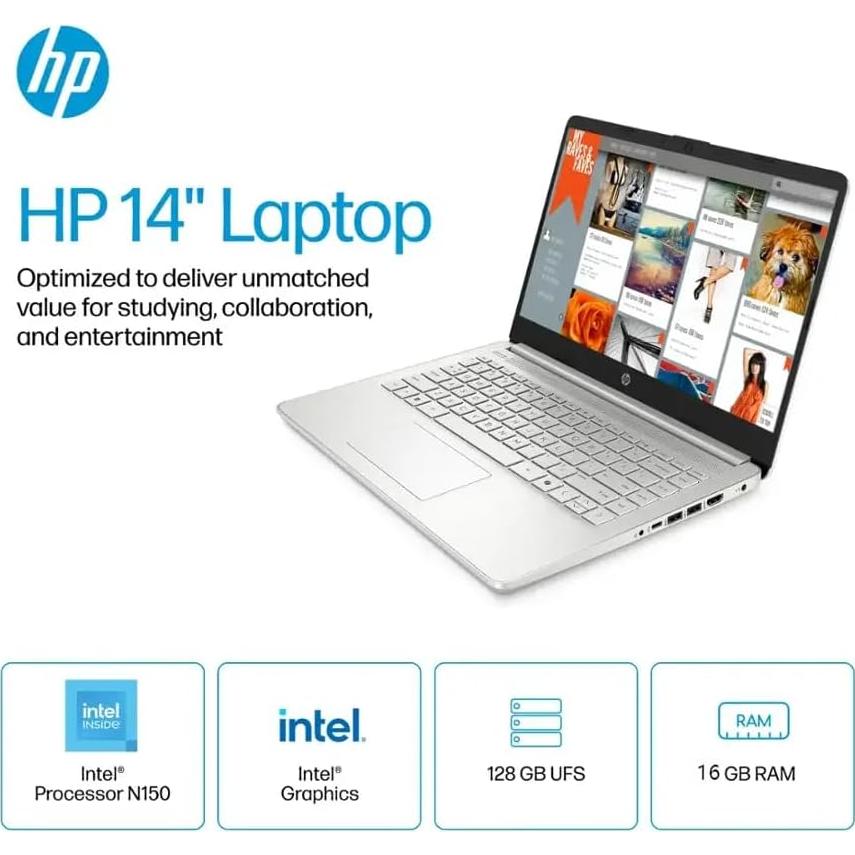 Laptop HP 14" Plata Intel N150 16GB RAM 384GB Almacenamiento