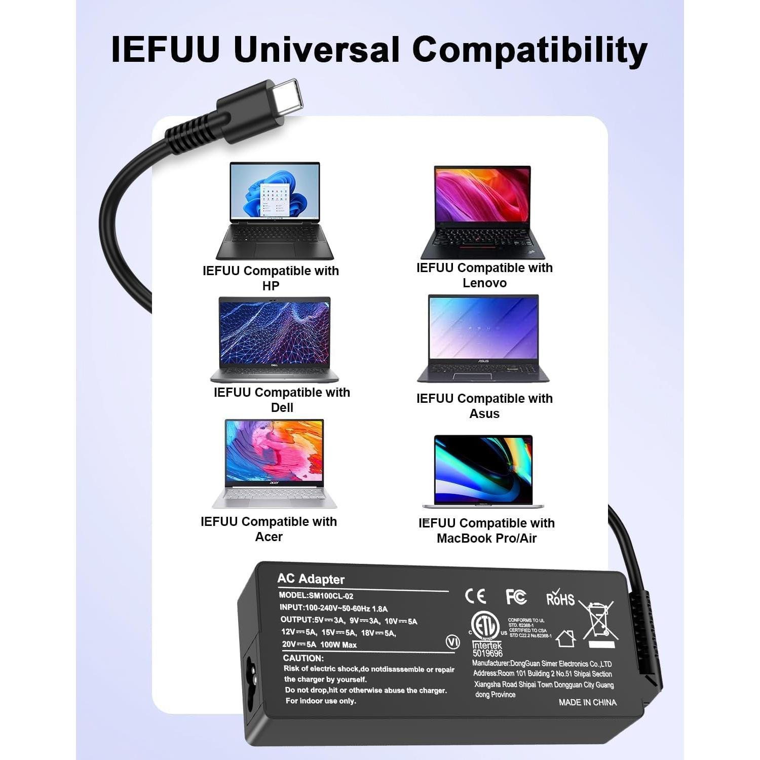 IEFUU Universal USB C Laptop Charger 100W Compatible with Lenovo Dell Acer HP MacBook ASUS MSI Samsung Google Huawei Matebook Type C Chromebook Computer Tablet Power Cord, Work for Any USB C Devices