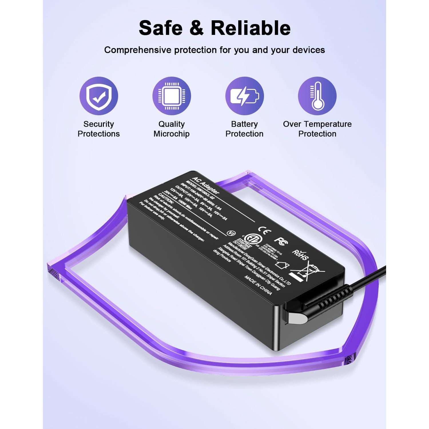 IEFUU Universal USB C Laptop Charger 100W Compatible with Lenovo Dell Acer HP MacBook ASUS MSI Samsung Google Huawei Matebook Type C Chromebook Computer Tablet Power Cord, Work for Any USB C Devices