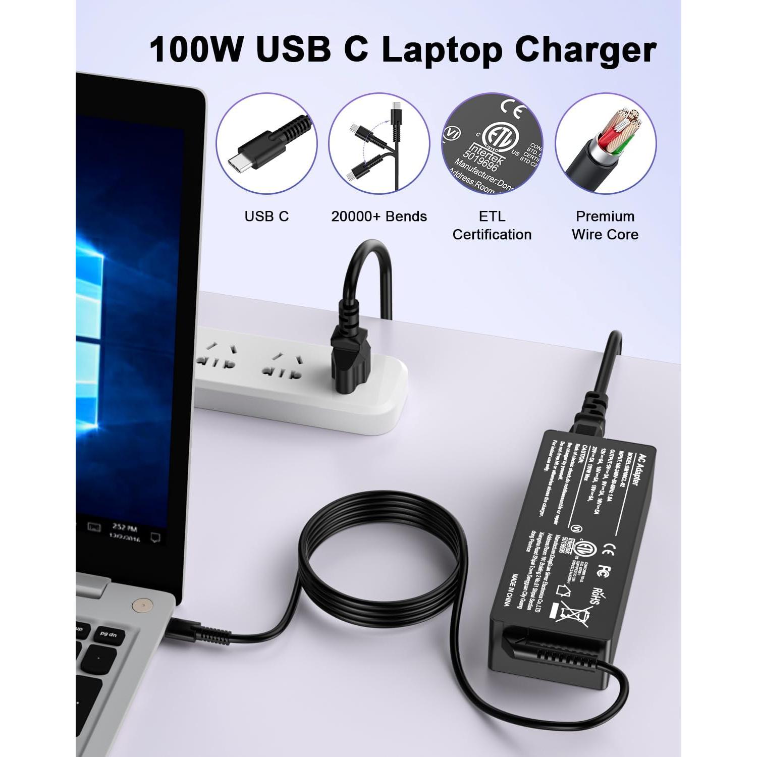 IEFUU Universal USB C Laptop Charger 100W Compatible with Lenovo Dell Acer HP MacBook ASUS MSI Samsung Google Huawei Matebook Type C Chromebook Computer Tablet Power Cord, Work for Any USB C Devices