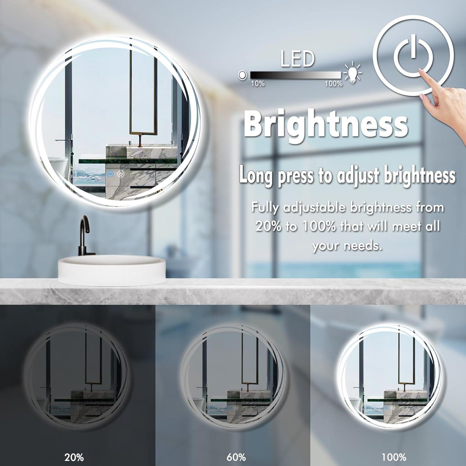 Espejo LED redondo 61 cm MEIOUKA anti-vaho 3 colores