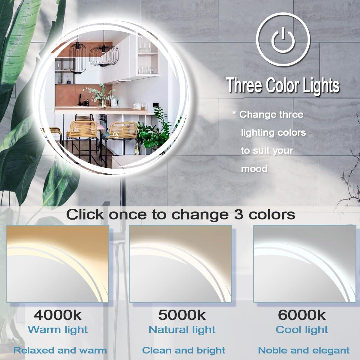 Espejo LED redondo 61 cm MEIOUKA anti-vaho 3 colores