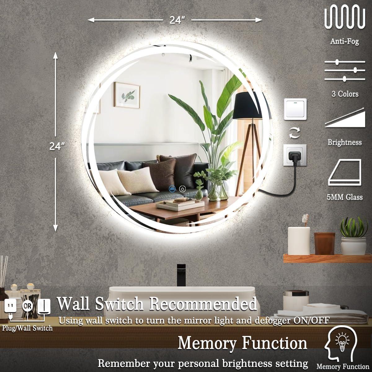 Espejo LED redondo 61 cm MEIOUKA anti-vaho 3 colores