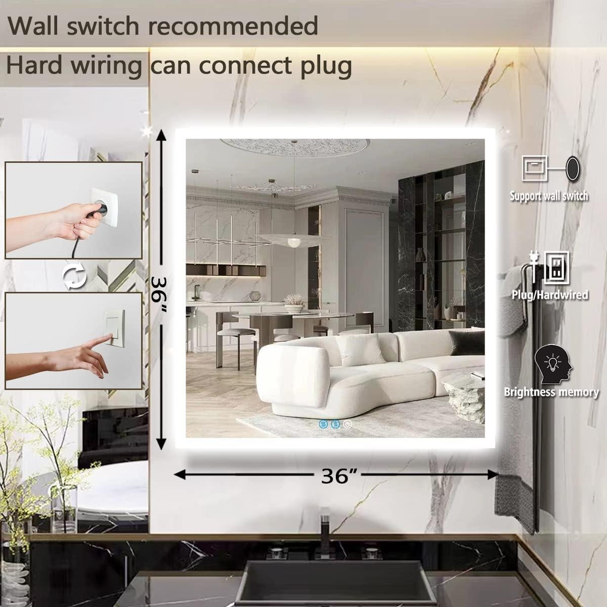 Espejo de Baño LED Cuadrado 91x91 cm THEKLA con Luz Regulable