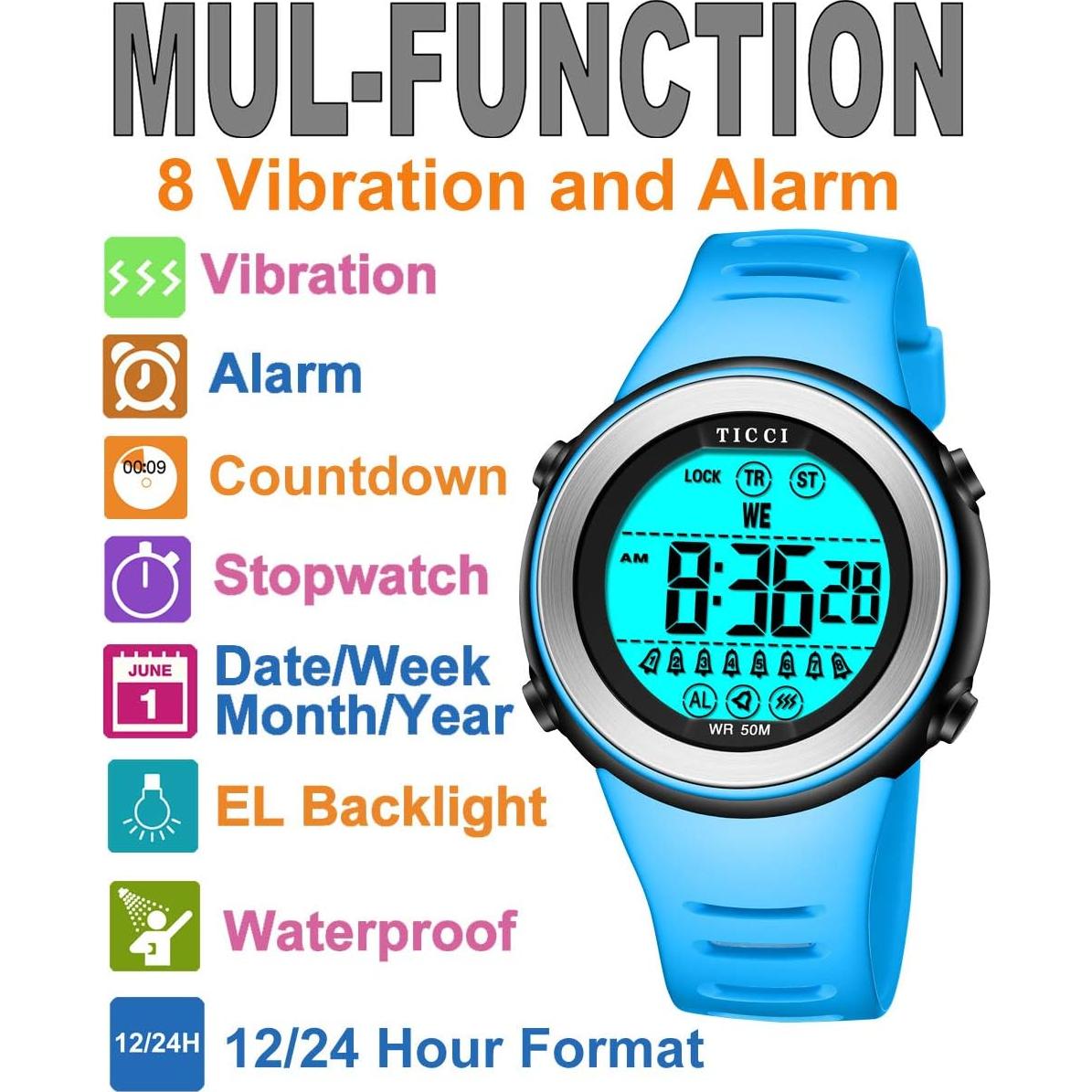 Reloj de Alarma Vibrante TICCI Unisex Impermeable con 8 Alarmas