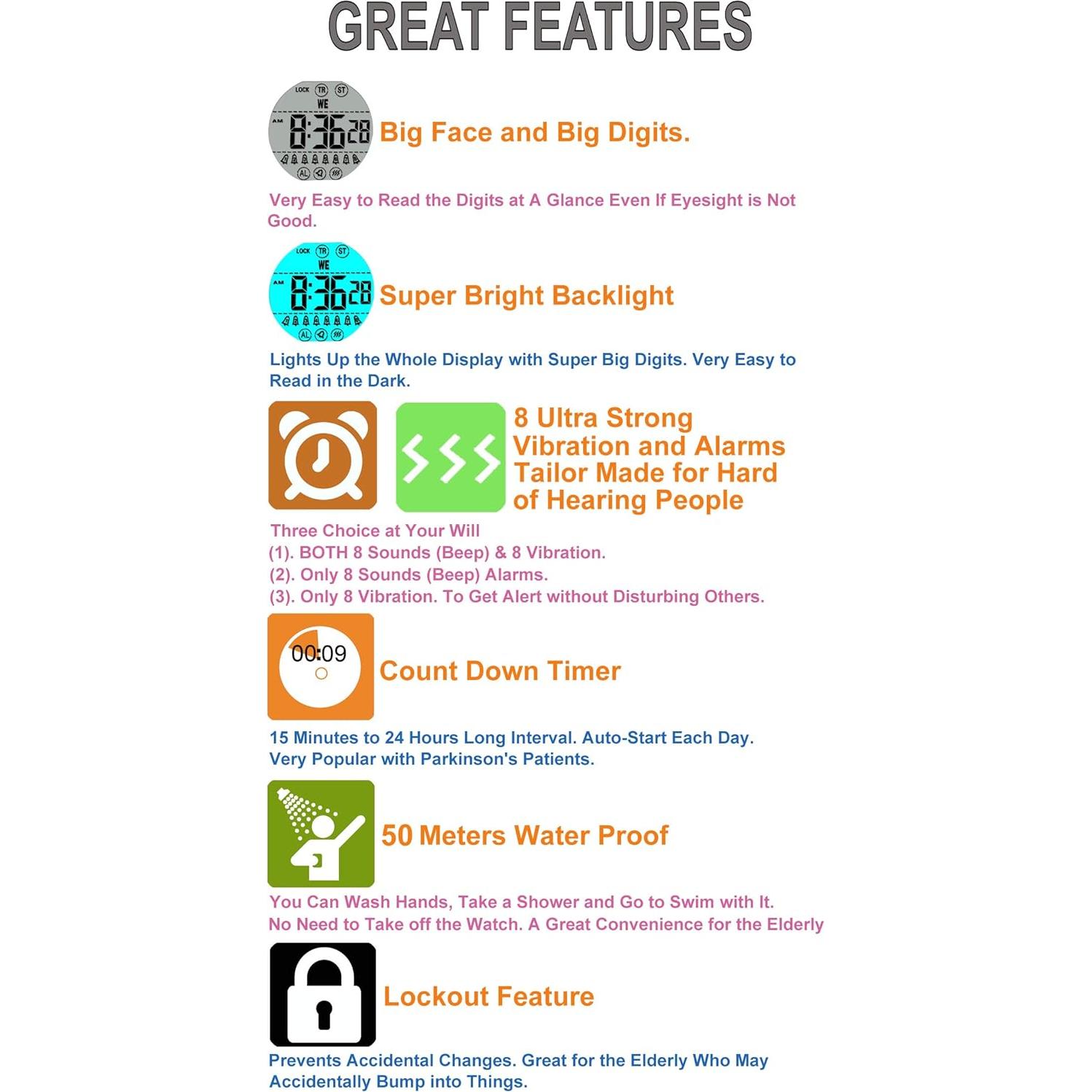 Reloj de Alarma Vibrante TICCI Unisex Impermeable con 8 Alarmas