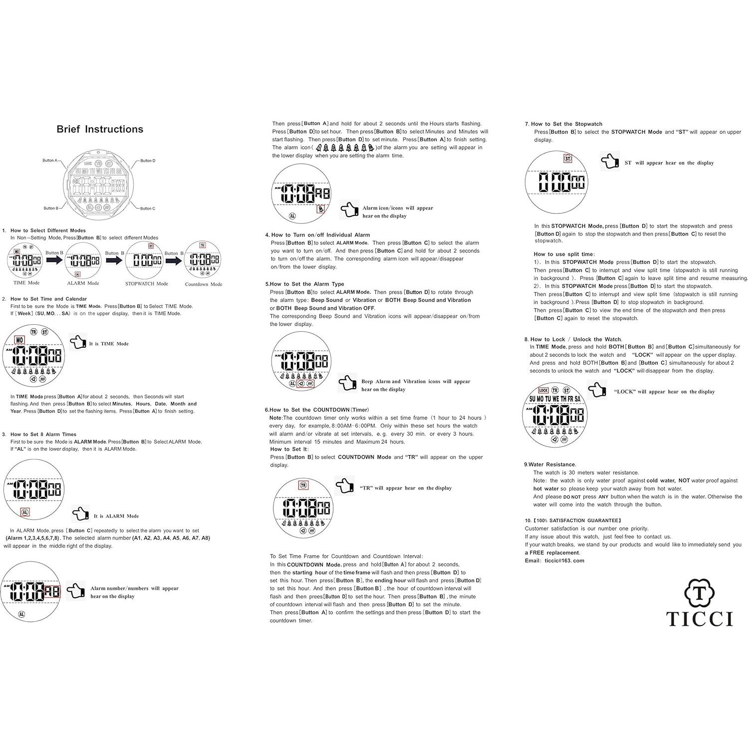 Reloj de Alarma Vibrante TICCI Unisex Impermeable con 8 Alarmas