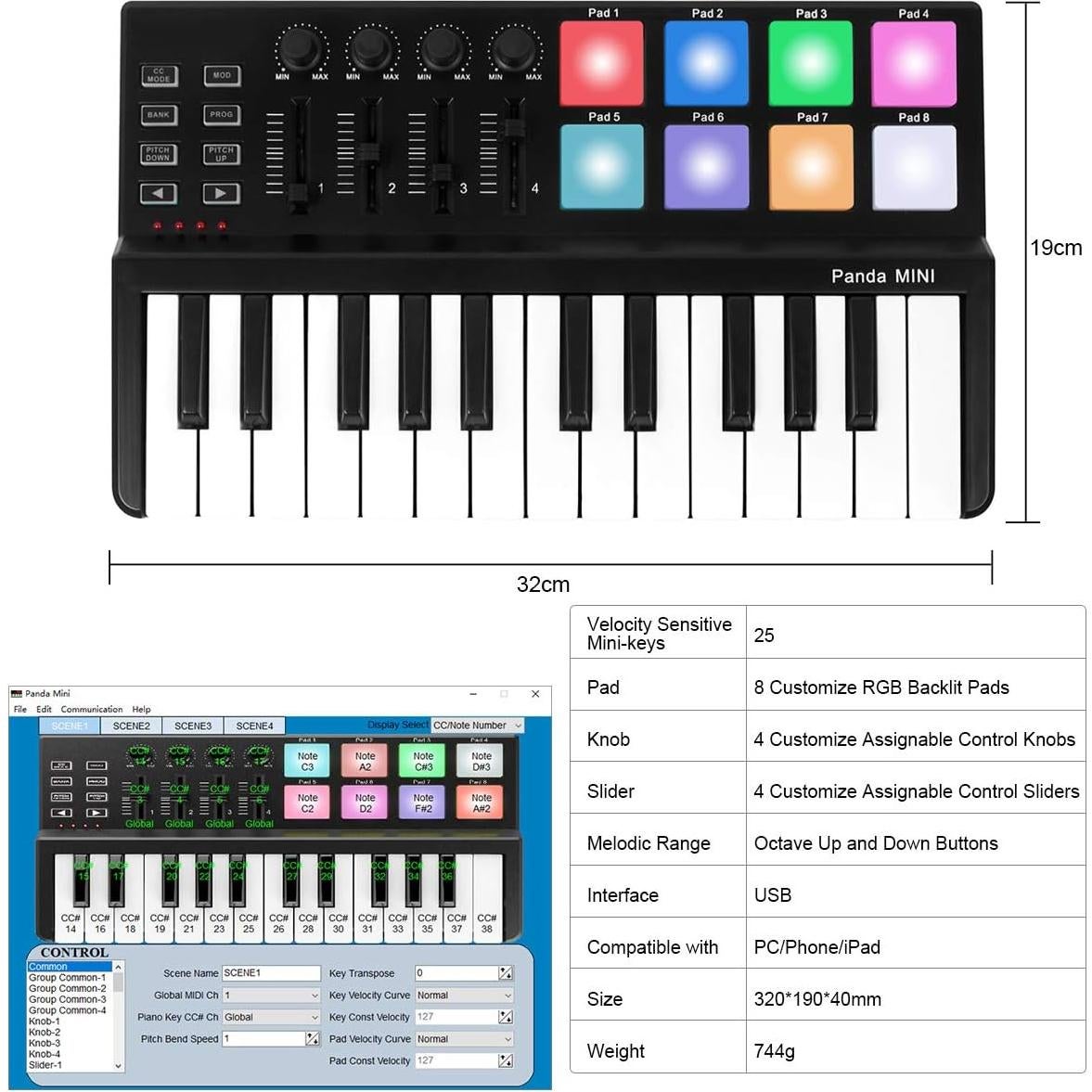 Controlador MIDI Lotmusic Panda MINI 25 Teclas USB
