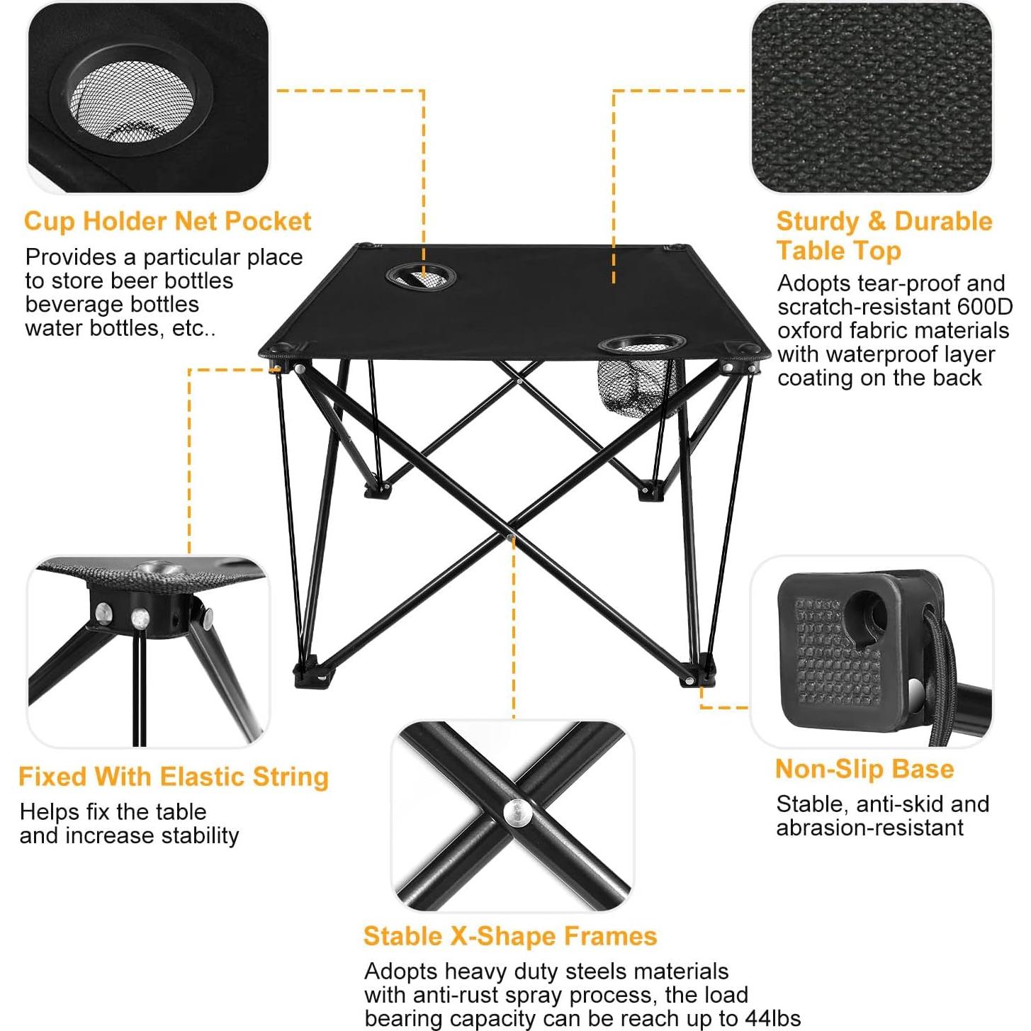 Mesa Plegable KOCASO para Camping 46.99x46.99cm con 2 Portavasos