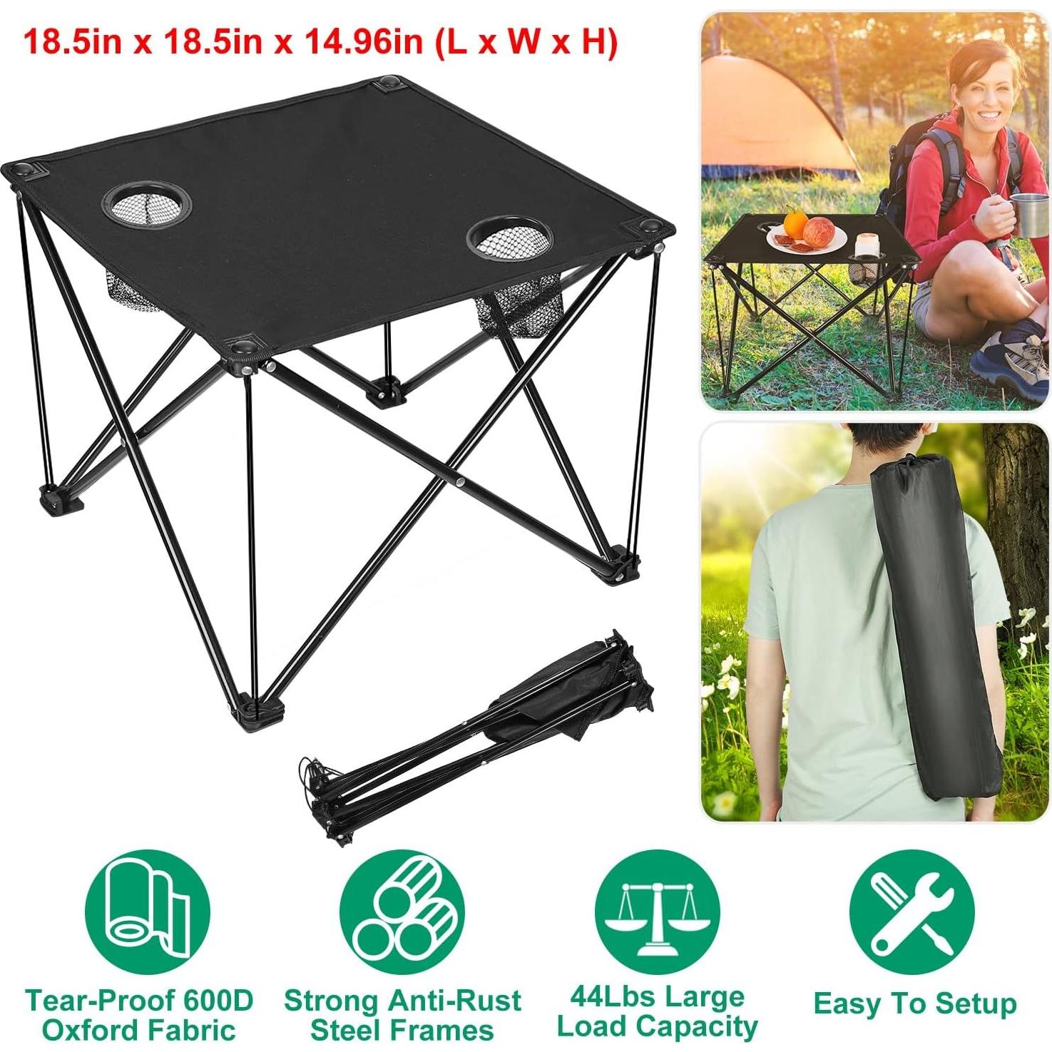 Mesa Plegable KOCASO para Camping 46.99x46.99cm con 2 Portavasos