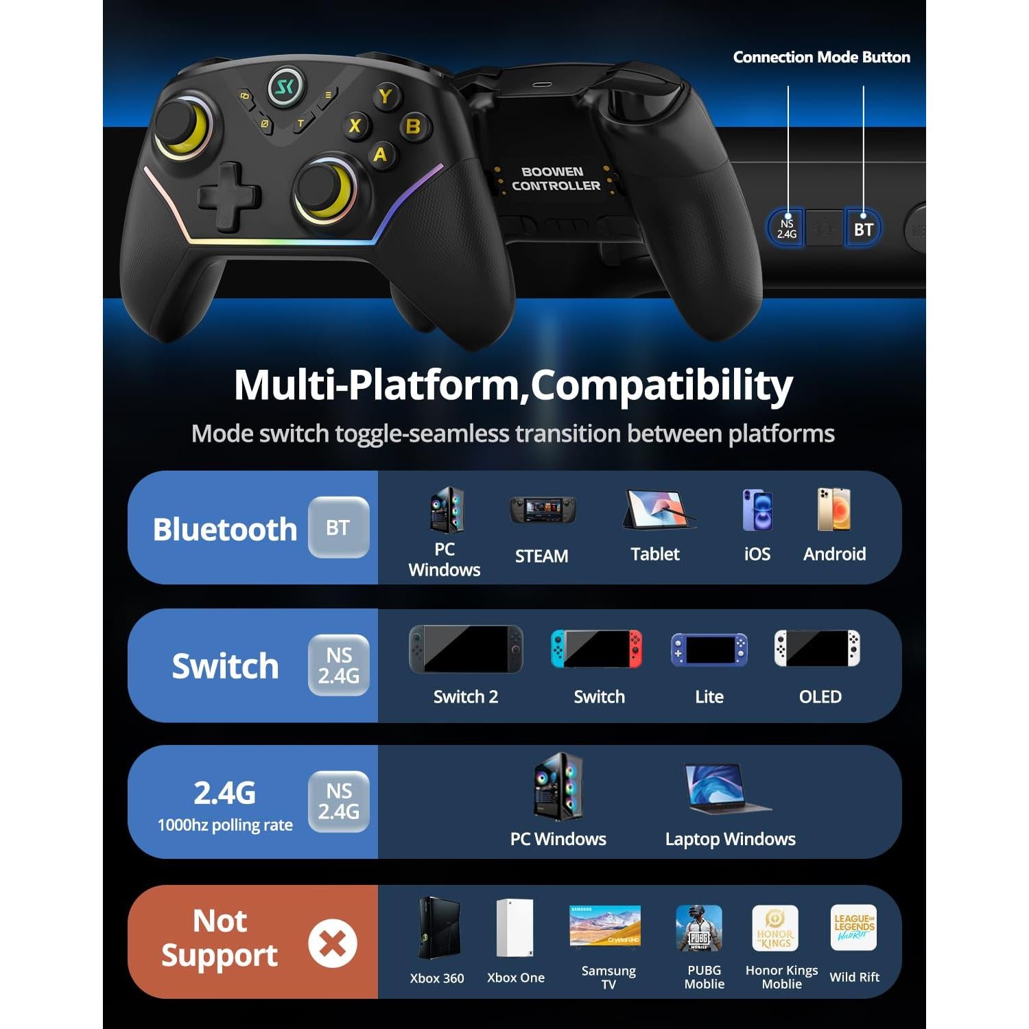 Controlador Inalámbrico Multi-Plataforma Boowen Negro con RGB