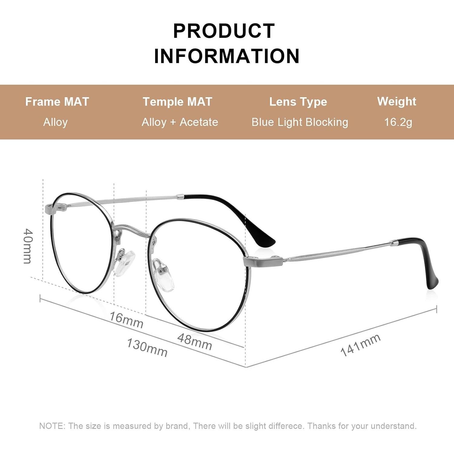 Gafas Redondas Metal Anti Luz Azul 2.0x Plata y Negro