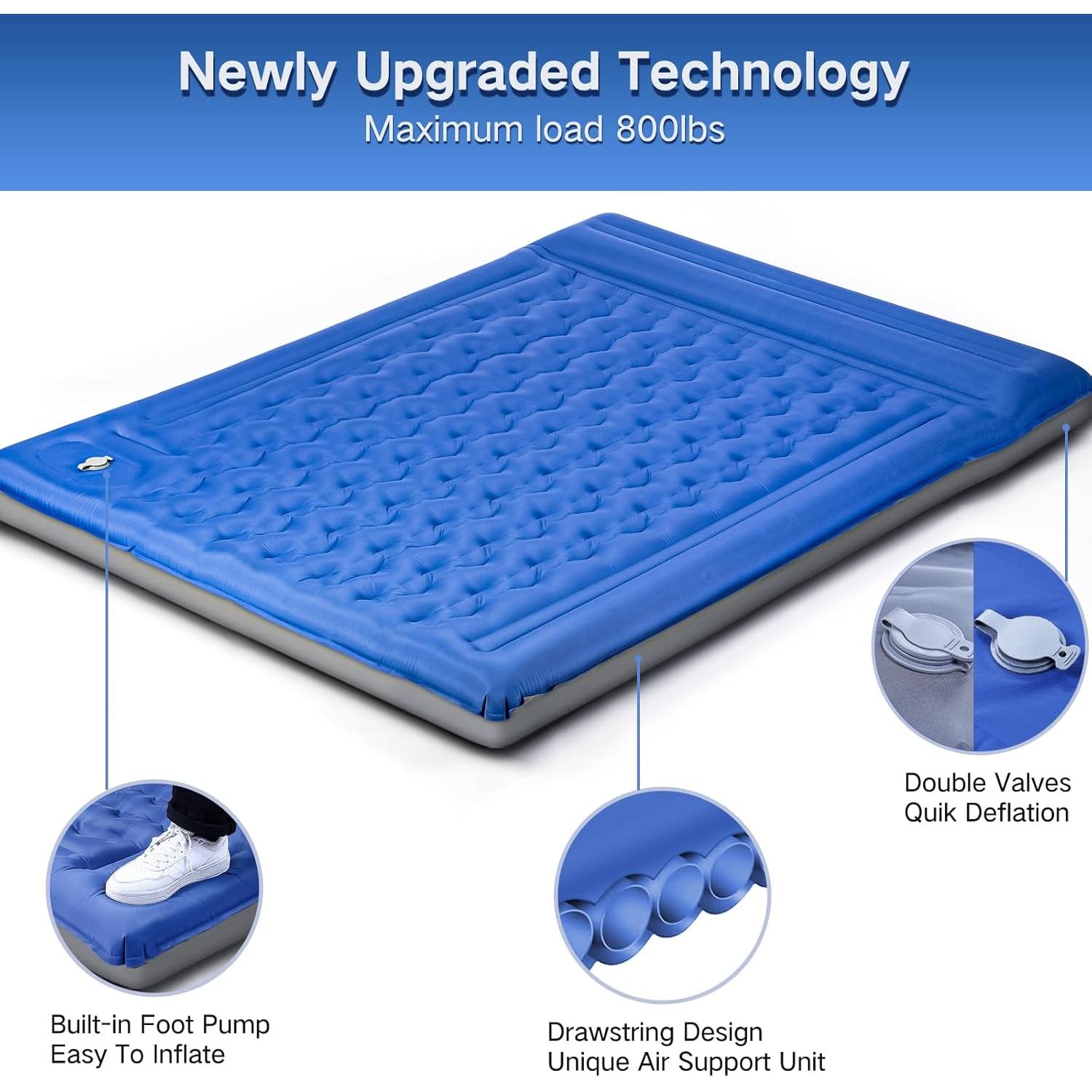 Double Sleeping Pad Camping, Self Inflating 6'' Extra-Thick 2 Person Pillow Built-in Foot Pump Waterproof Inflatable Sleeping Mat Backpacking, Tent, Hiking, Portable Camping Pad (Navy Grey)