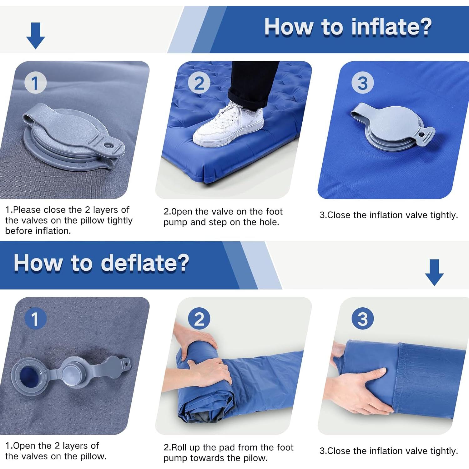 Double Sleeping Pad Camping, Self Inflating 6'' Extra-Thick 2 Person Pillow Built-in Foot Pump Waterproof Inflatable Sleeping Mat Backpacking, Tent, Hiking, Portable Camping Pad (Navy Grey)