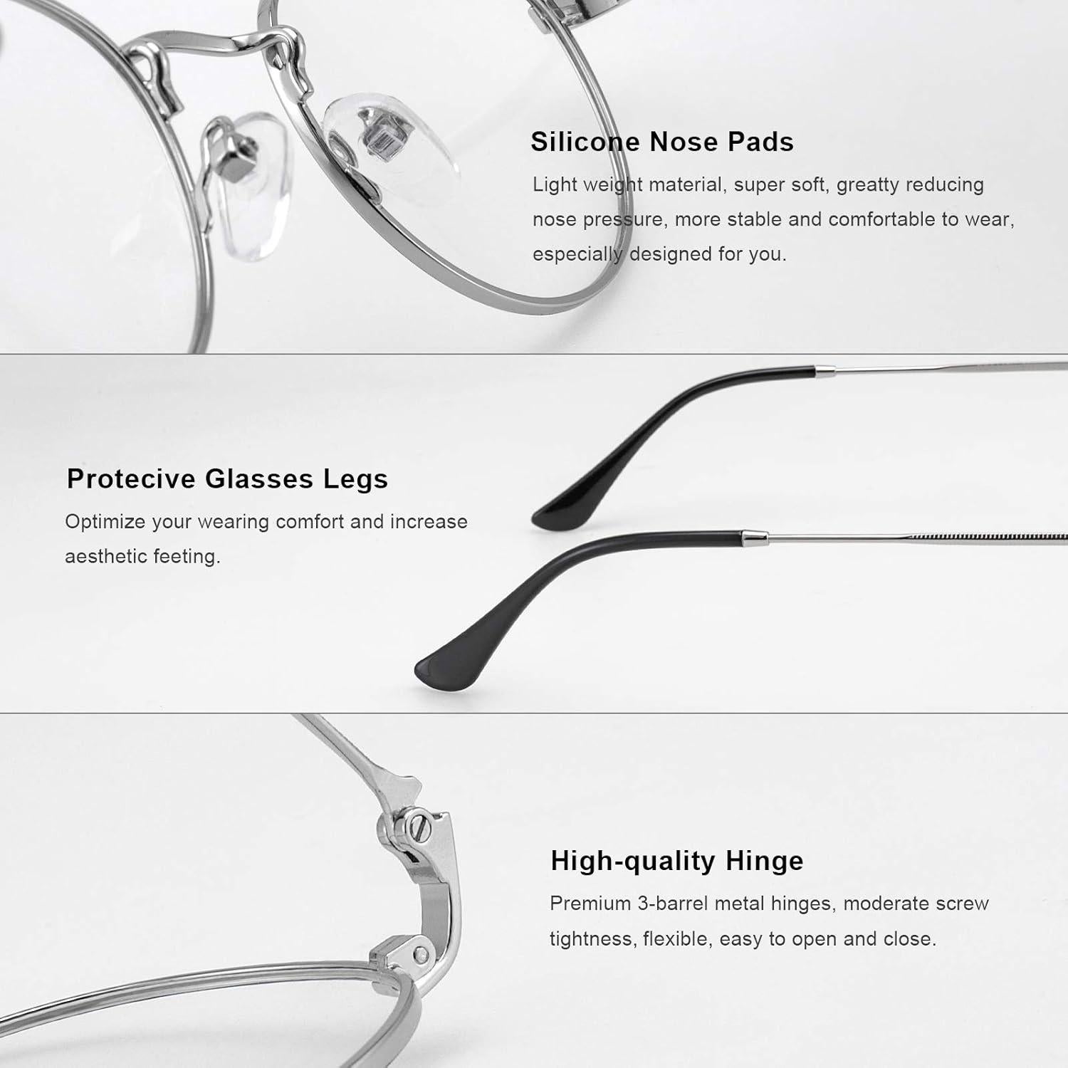 Gafas Redondas Metal Plata UV400 Anti Luz Azul 2.0x