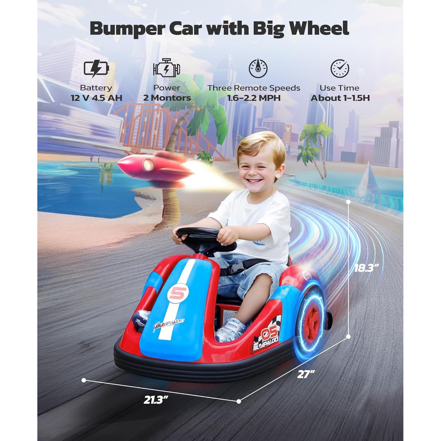 ELEMARA Bumper Cars for Kids with Big Wheels, 2.2 Mph, 12v Electric Ride On Toys with Remote Control, 360 Degree-Spin Bumper Car for Toddlers with DIY Stickers, Bluetooth, Music, LED Light, Red