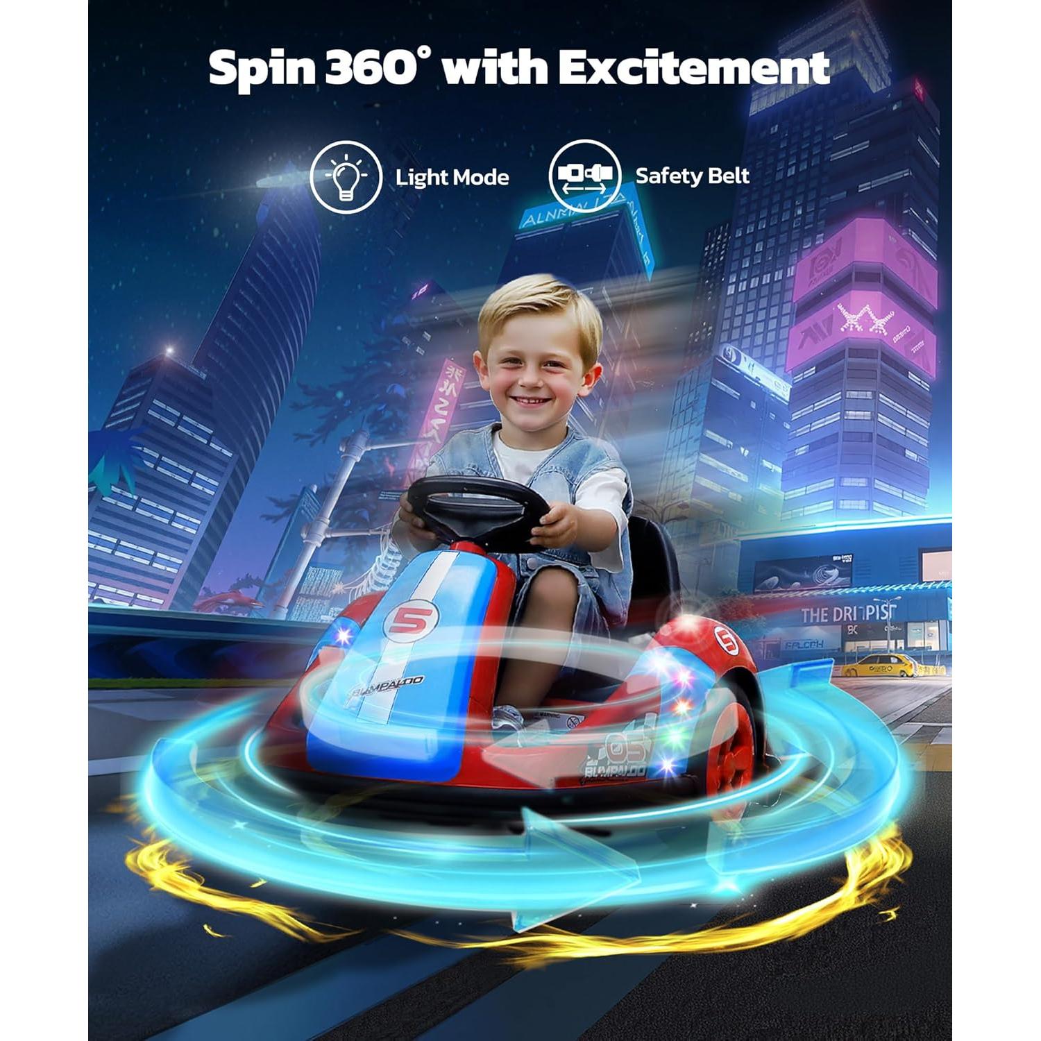 ELEMARA Bumper Cars for Kids with Big Wheels, 2.2 Mph, 12v Electric Ride On Toys with Remote Control, 360 Degree-Spin Bumper Car for Toddlers with DIY Stickers, Bluetooth, Music, LED Light, Red