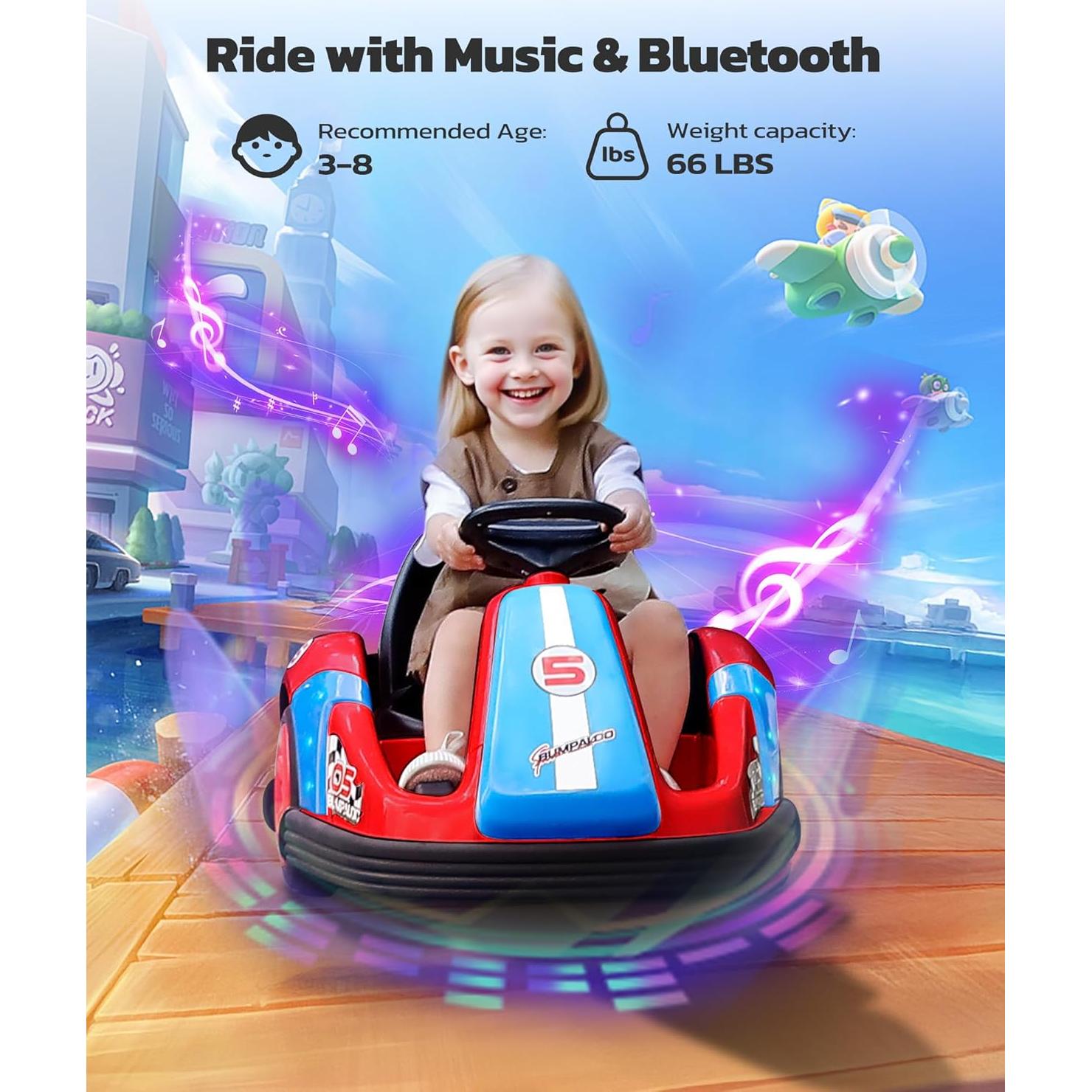 ELEMARA Bumper Cars for Kids with Big Wheels, 2.2 Mph, 12v Electric Ride On Toys with Remote Control, 360 Degree-Spin Bumper Car for Toddlers with DIY Stickers, Bluetooth, Music, LED Light, Red