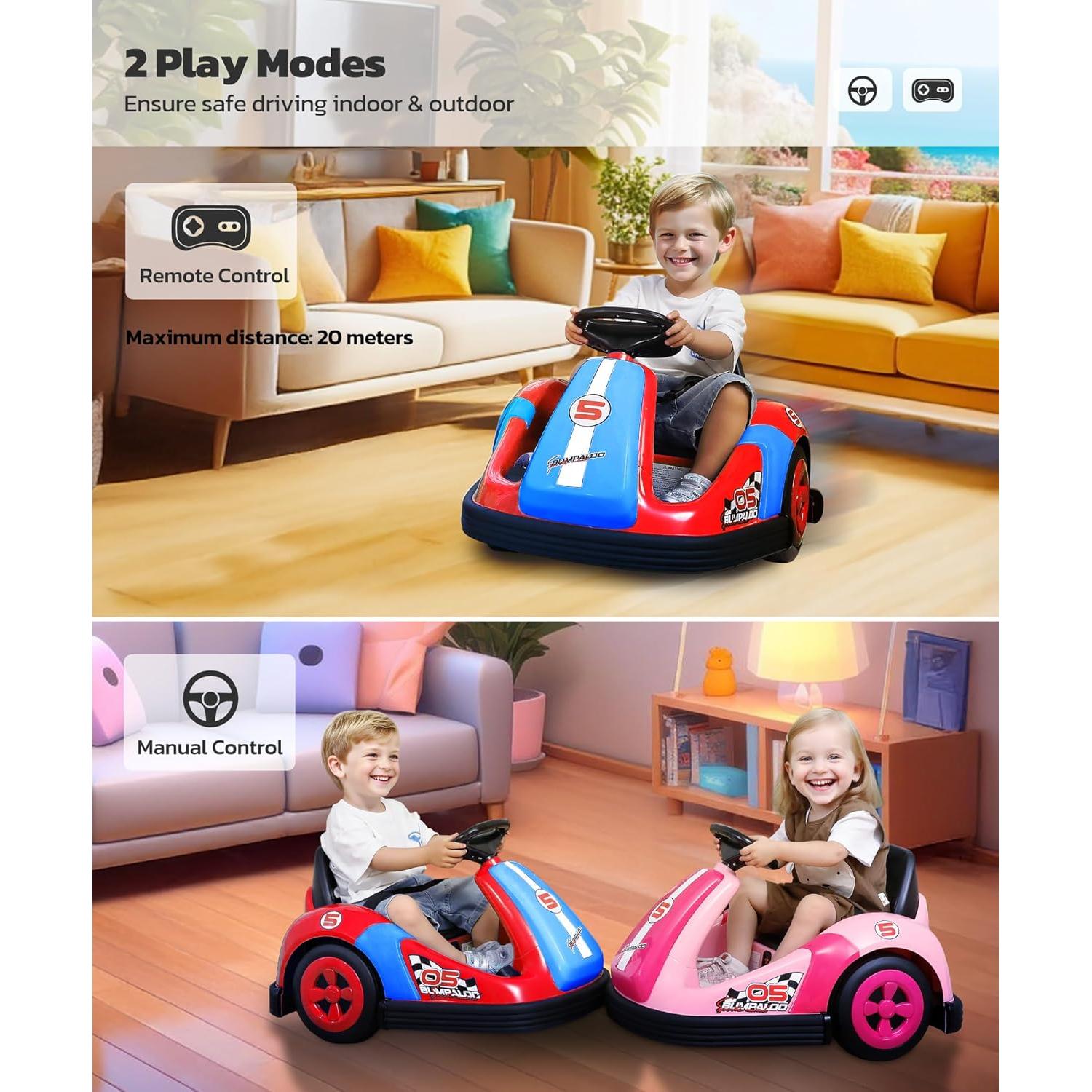 ELEMARA Bumper Cars for Kids with Big Wheels, 2.2 Mph, 12v Electric Ride On Toys with Remote Control, 360 Degree-Spin Bumper Car for Toddlers with DIY Stickers, Bluetooth, Music, LED Light, Red