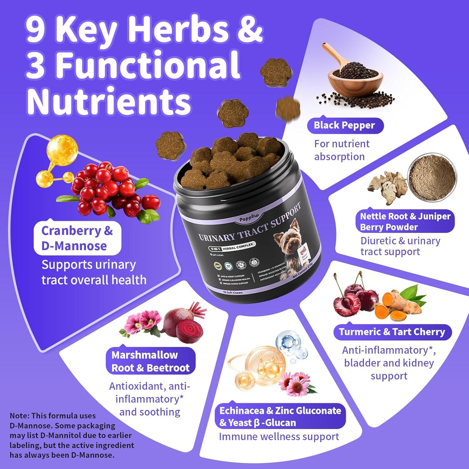 Suplemento Urinario para Perros POPPAW - Arándano y D-Mannosa, 90 Masticables