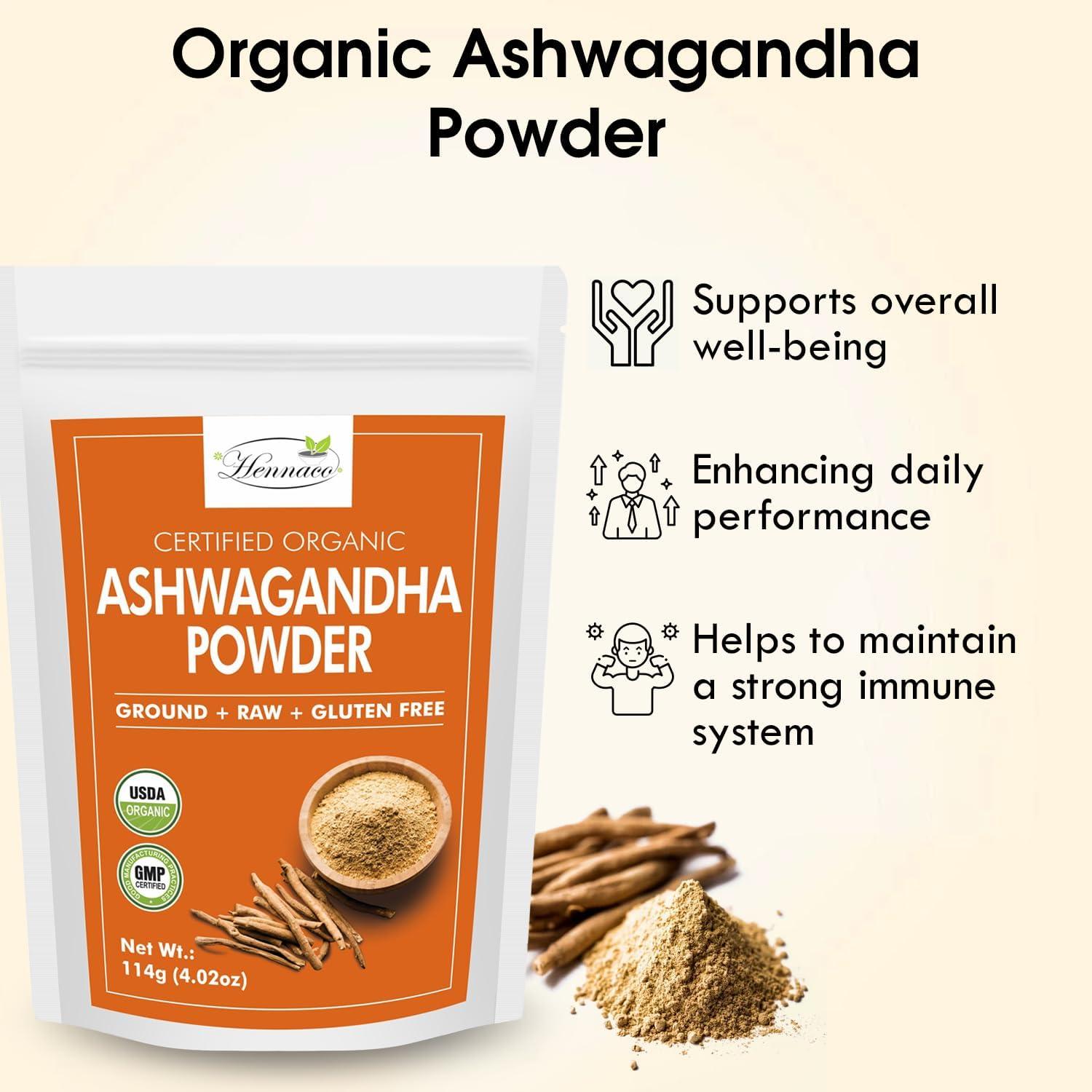 Polvo de Ashwagandha Orgánico Hennaco 114 Gramos - Puro y Natural