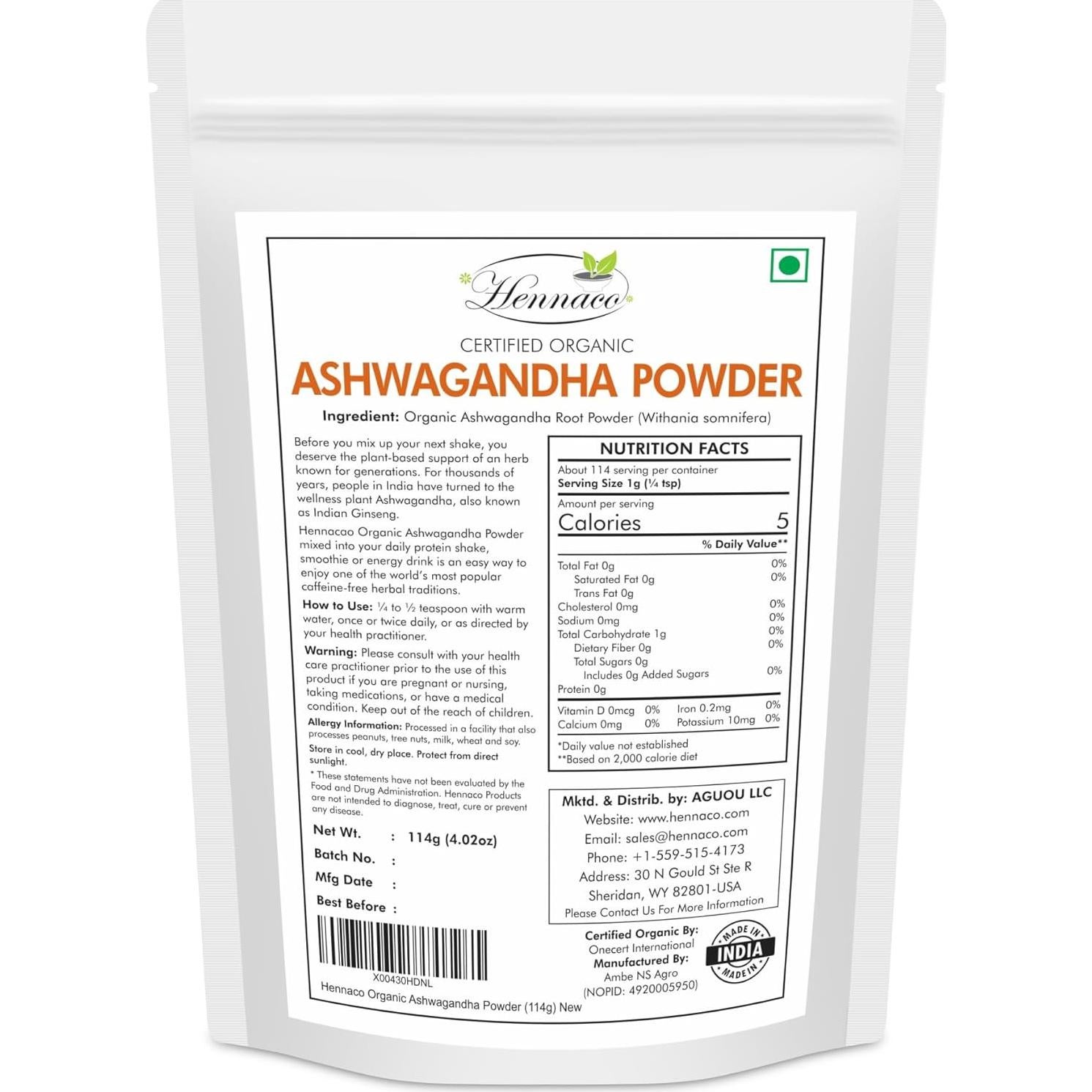 Polvo de Ashwagandha Orgánico Hennaco 114 Gramos - Puro y Natural
