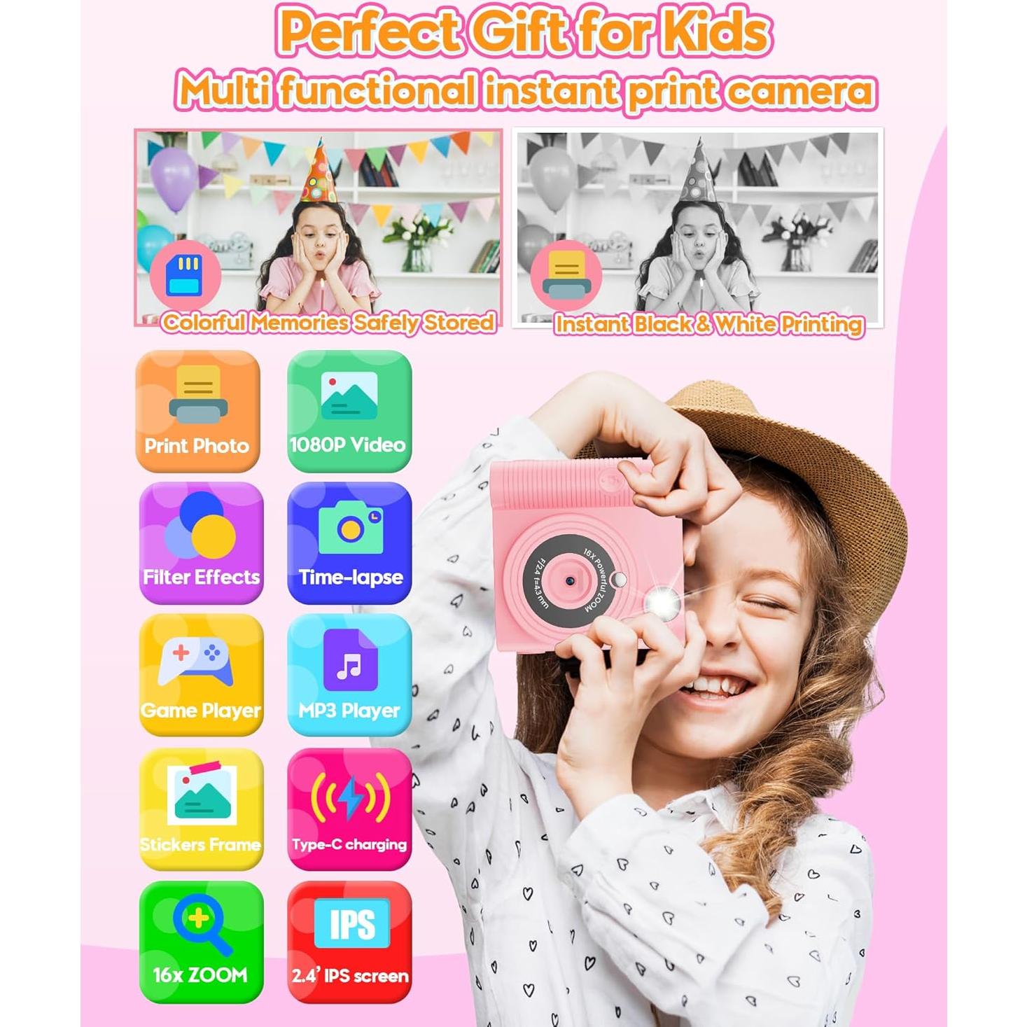 Cámara Instantánea para Niños WONNIE 1080P Rosa 32GB