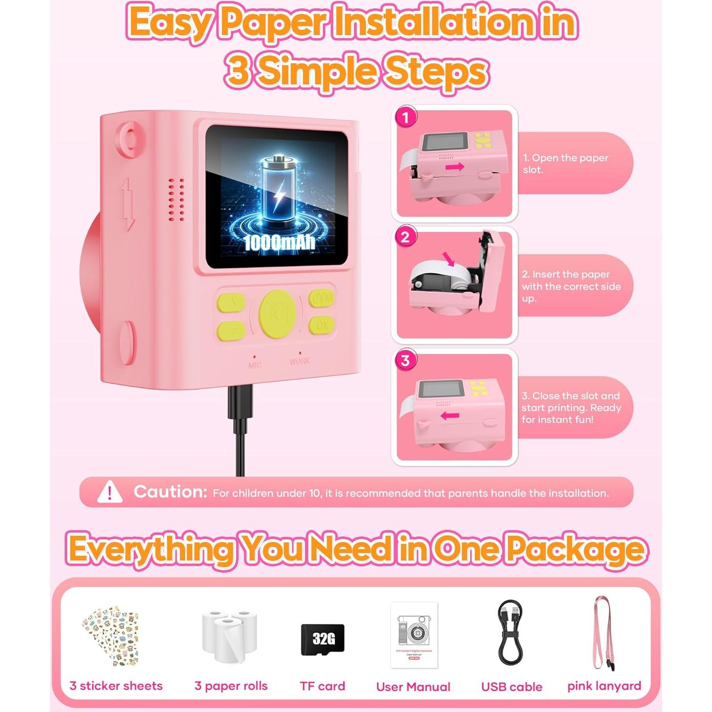 Cámara Instantánea para Niños WONNIE 1080P Rosa 32GB