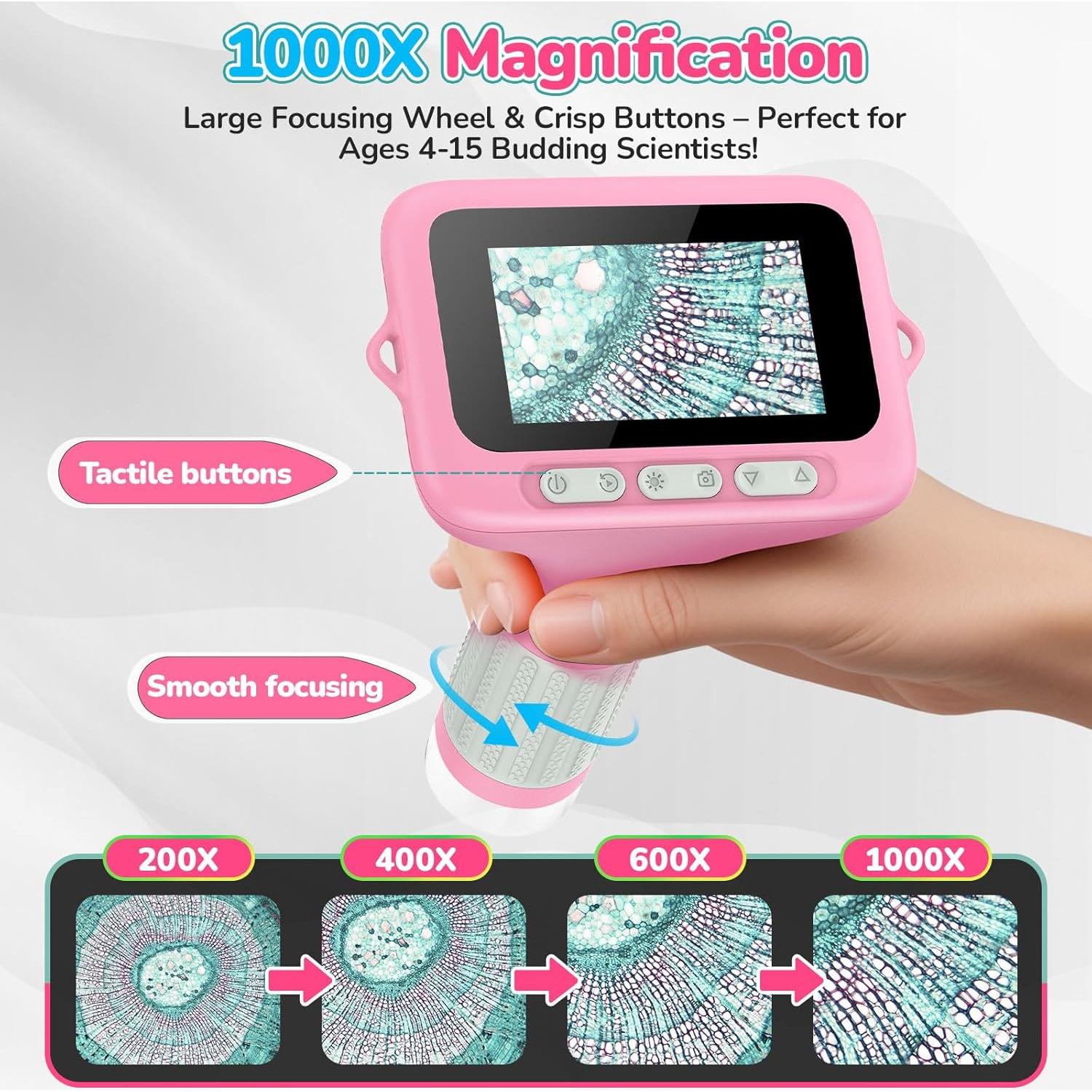 Microscopio Digital Portátil BEBANG 1000X Rosa para Niños