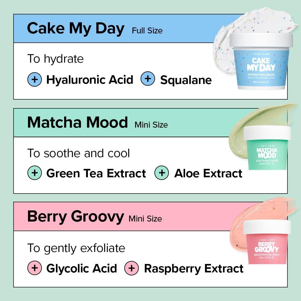 I DEW CARE Wash Off Face Mask Set - Scoop Party | Hyaluronic Acid Skincare Essentials, Moisturizing, Hydrating, Soothing, Exfoliating, Deep Cleansing Pore Refining, Stocking Stuffers