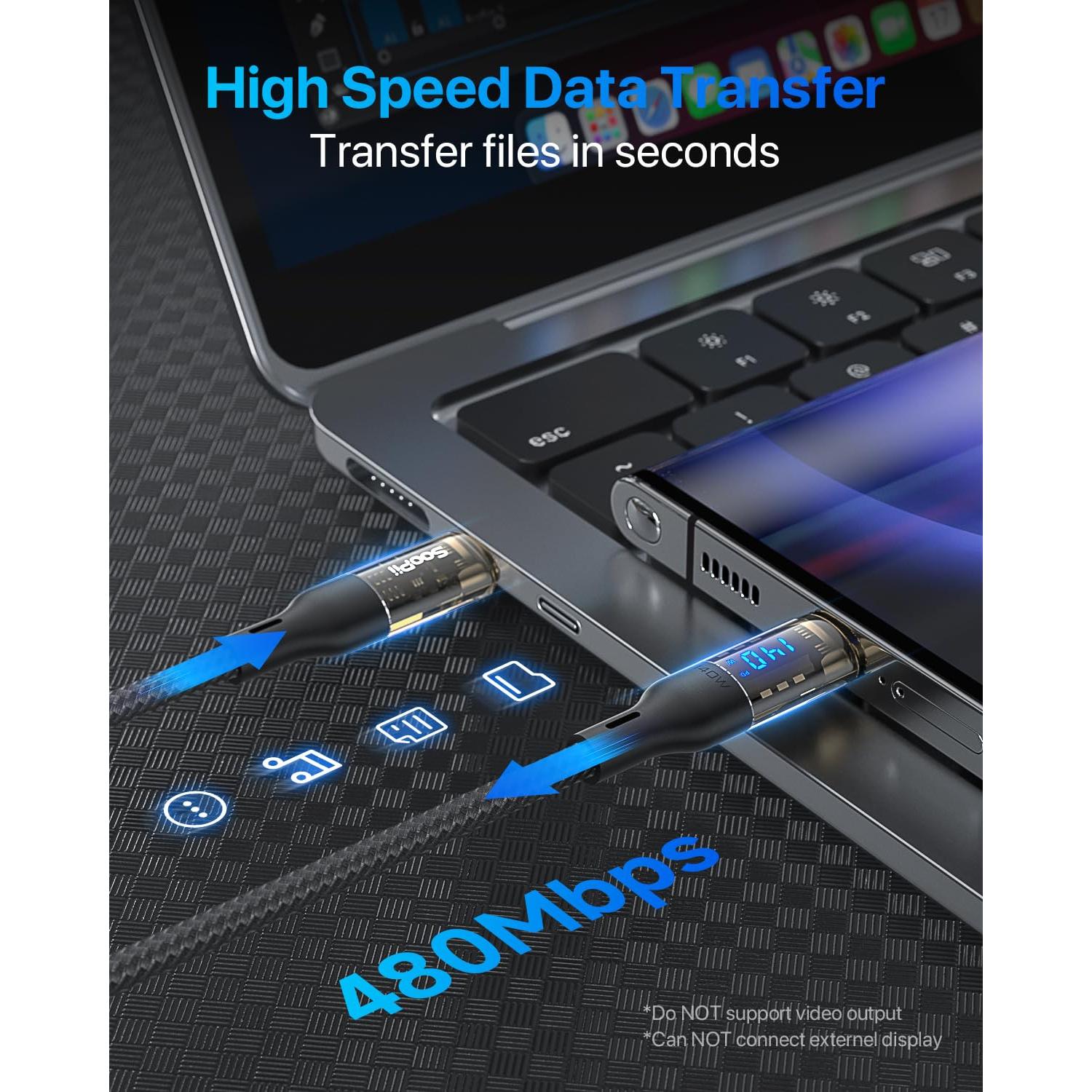 Cable USB C a USB C SooPii 240W 1.22m con Pantalla LED Negro