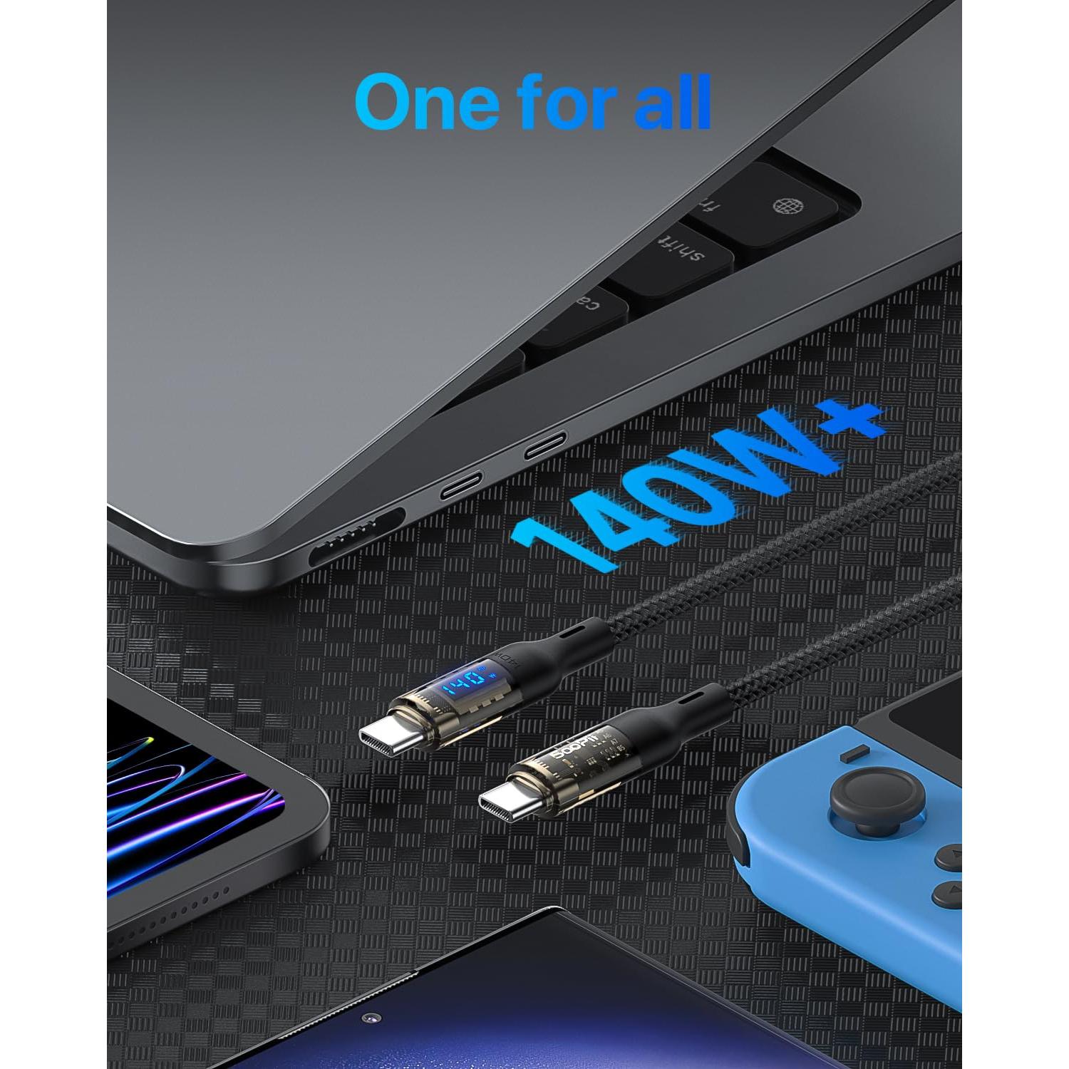 Cable USB C a USB C SooPii 240W 1.22m con Pantalla LED Negro