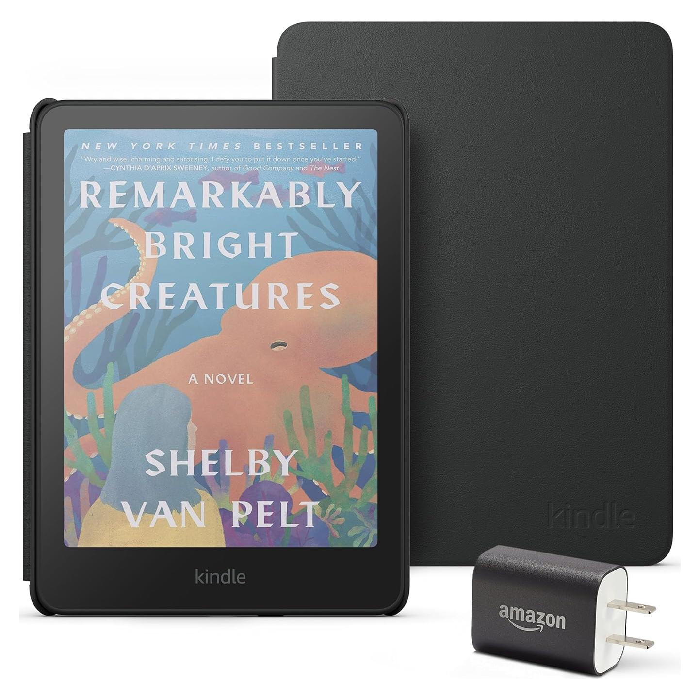 Introducing Amazon Kindle Colorsoft Essentials Bundle including Kindle Colorsoft (16 GB) – With color display - Black, Plant-Based Leather Cover-Black and Power Adapter