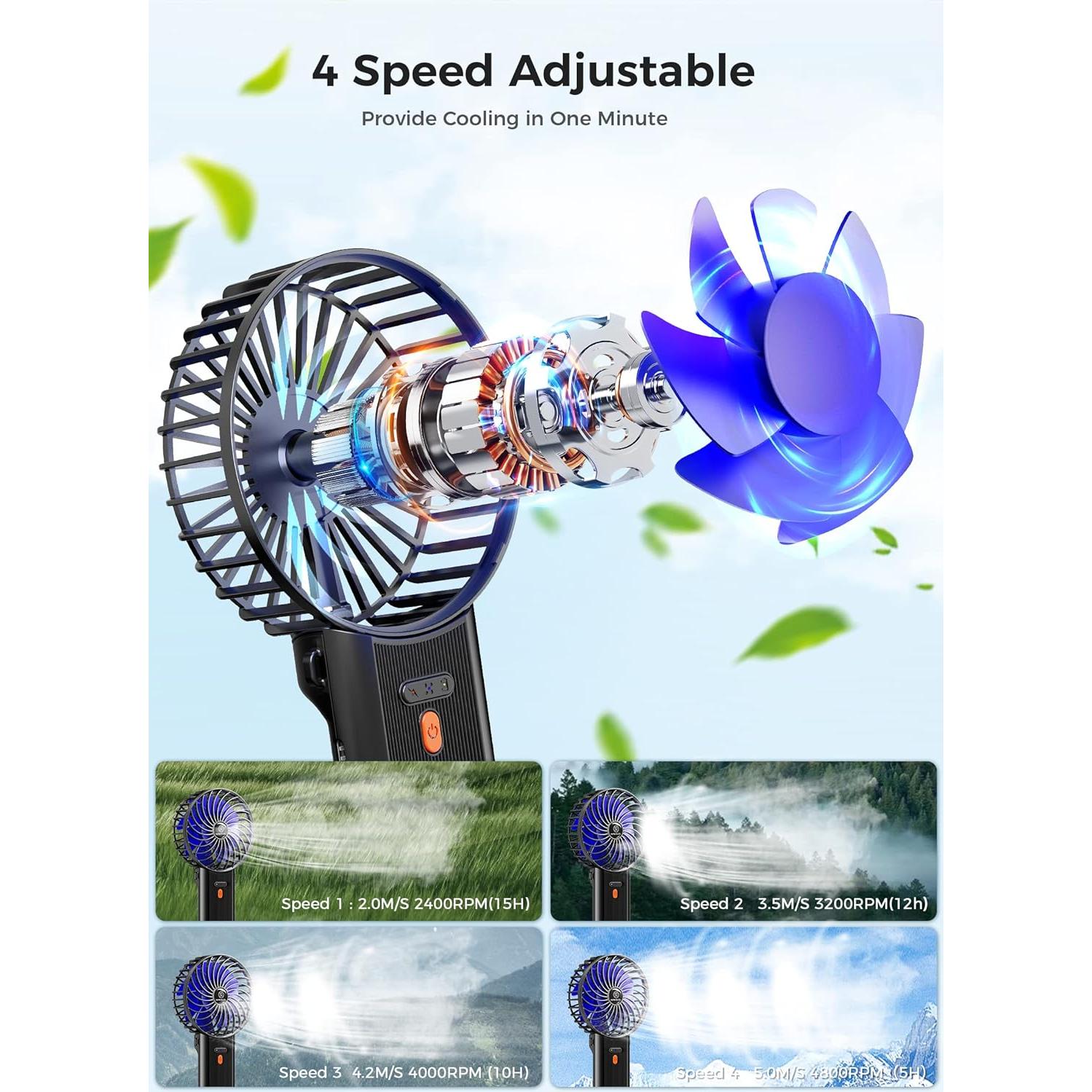 Ventilador de Mano Mini JZCreater Recargable 4 Velocidades