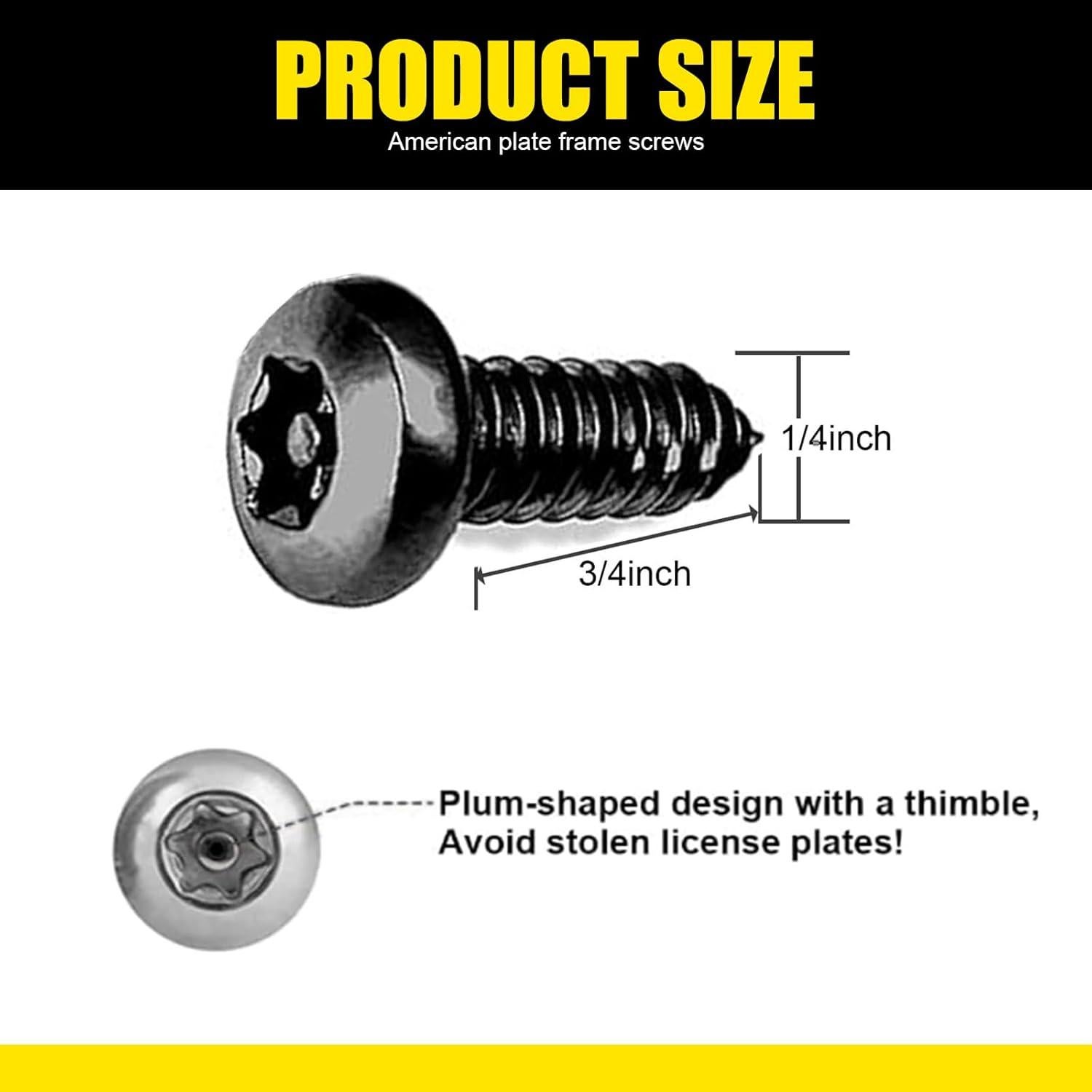 Kit de Tornillos de Montaje Antirrobo para Placas de Matrícula 4 PCS - Acero Inoxidable Negro