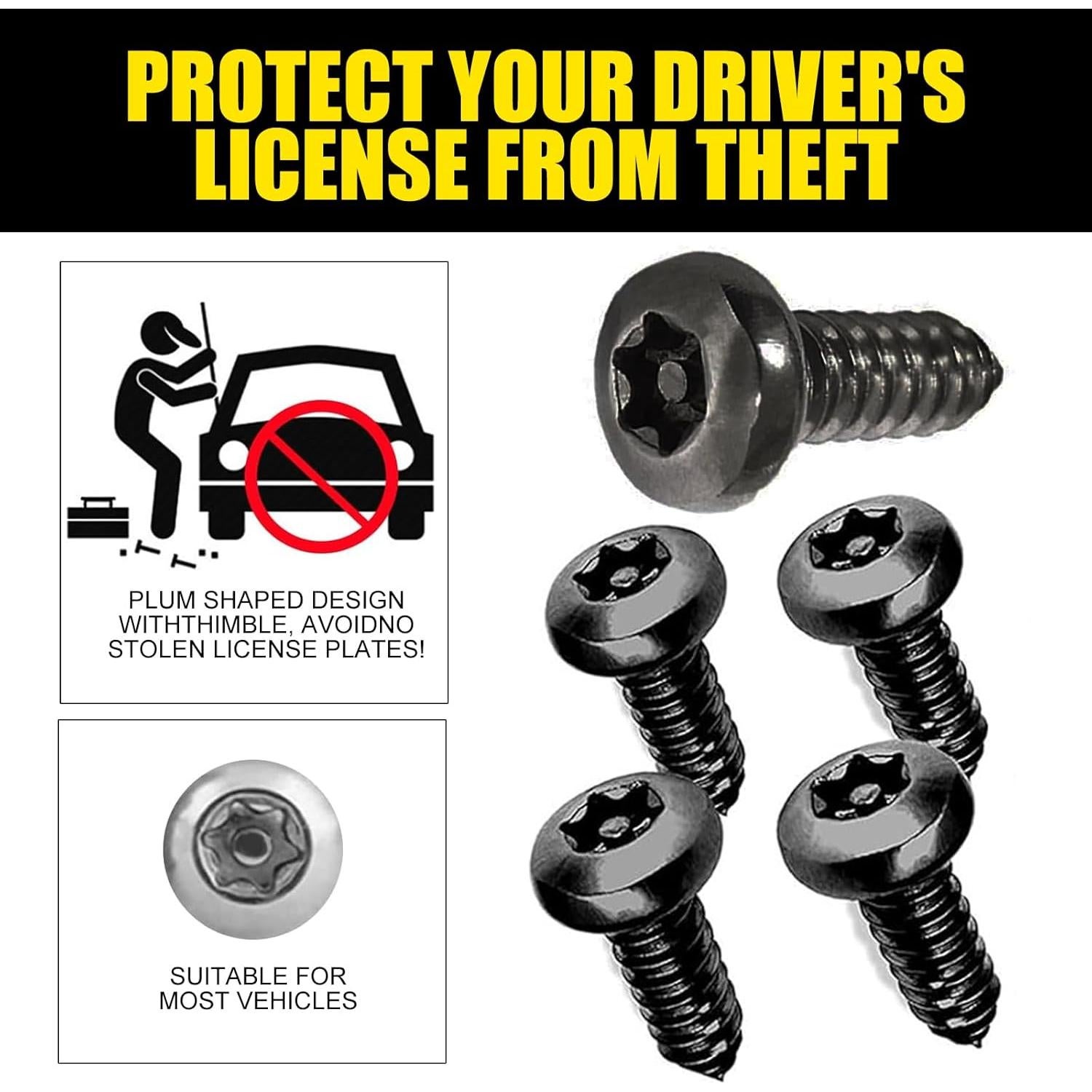 Kit de Tornillos de Montaje Antirrobo para Placas de Matrícula 4 PCS - Acero Inoxidable Negro